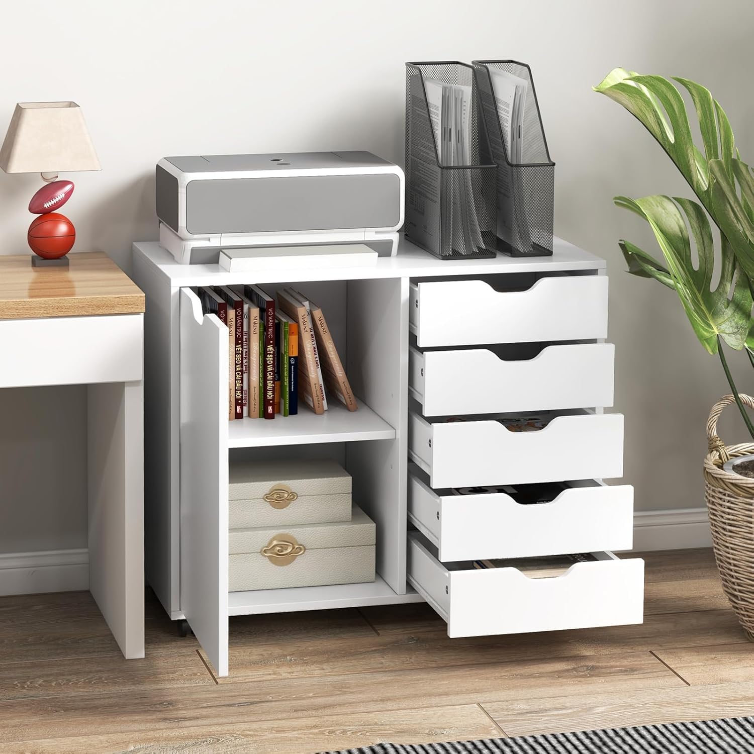 5-Drawer Storage Cabinet with Wheels & Adjustable Shelf