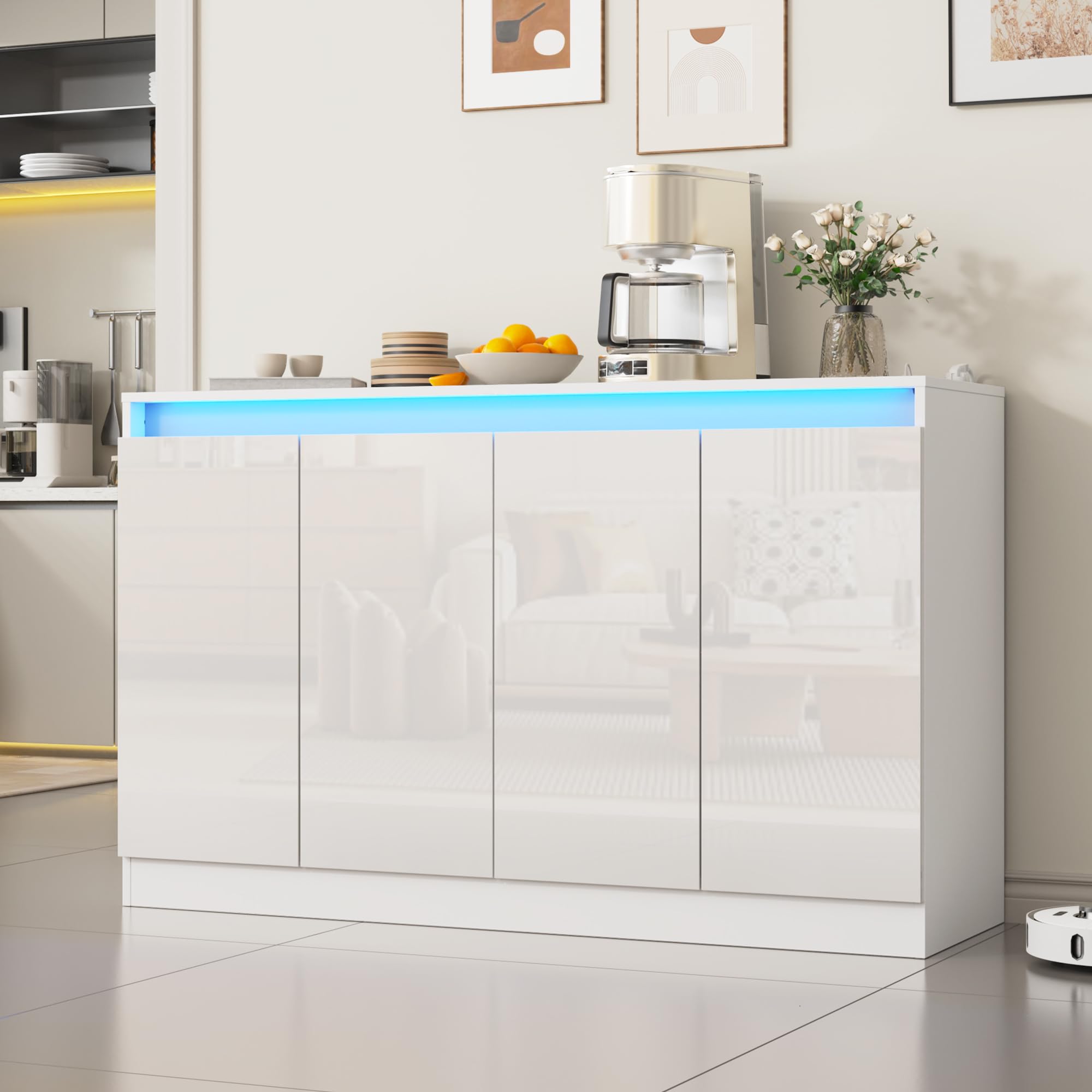 LED Buffet Cabinet with 4 Doors & Charging Station