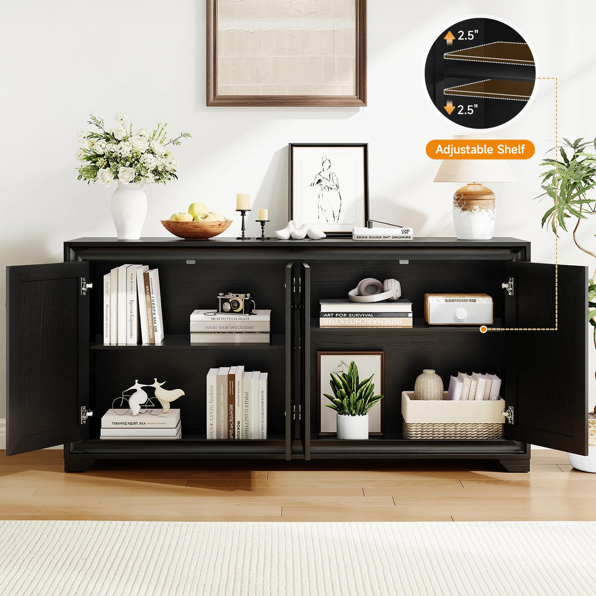 ONBRILL 60" Buffet Cabinet with Storage, 4 Doors & Adjustable Shelves Black