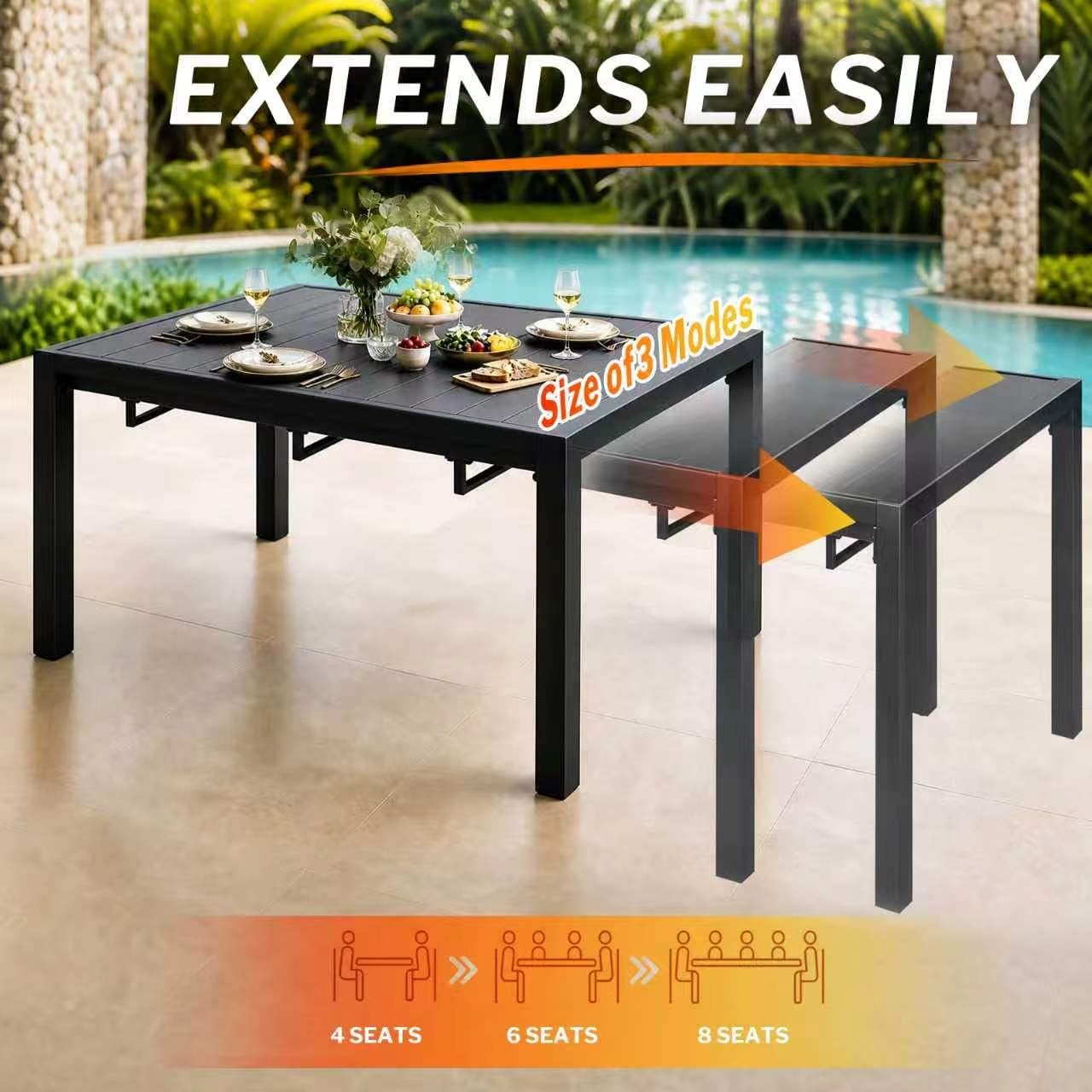 MEOOEM Expandable Patio Dining Table for 8, 78.8" Large Long Adjustable Rectangular Outdoor Table for 4-8 Person, 500LBS Sturdy Black Metal Extendable Patio Table for Outside,Garden, Lawn, Backyard