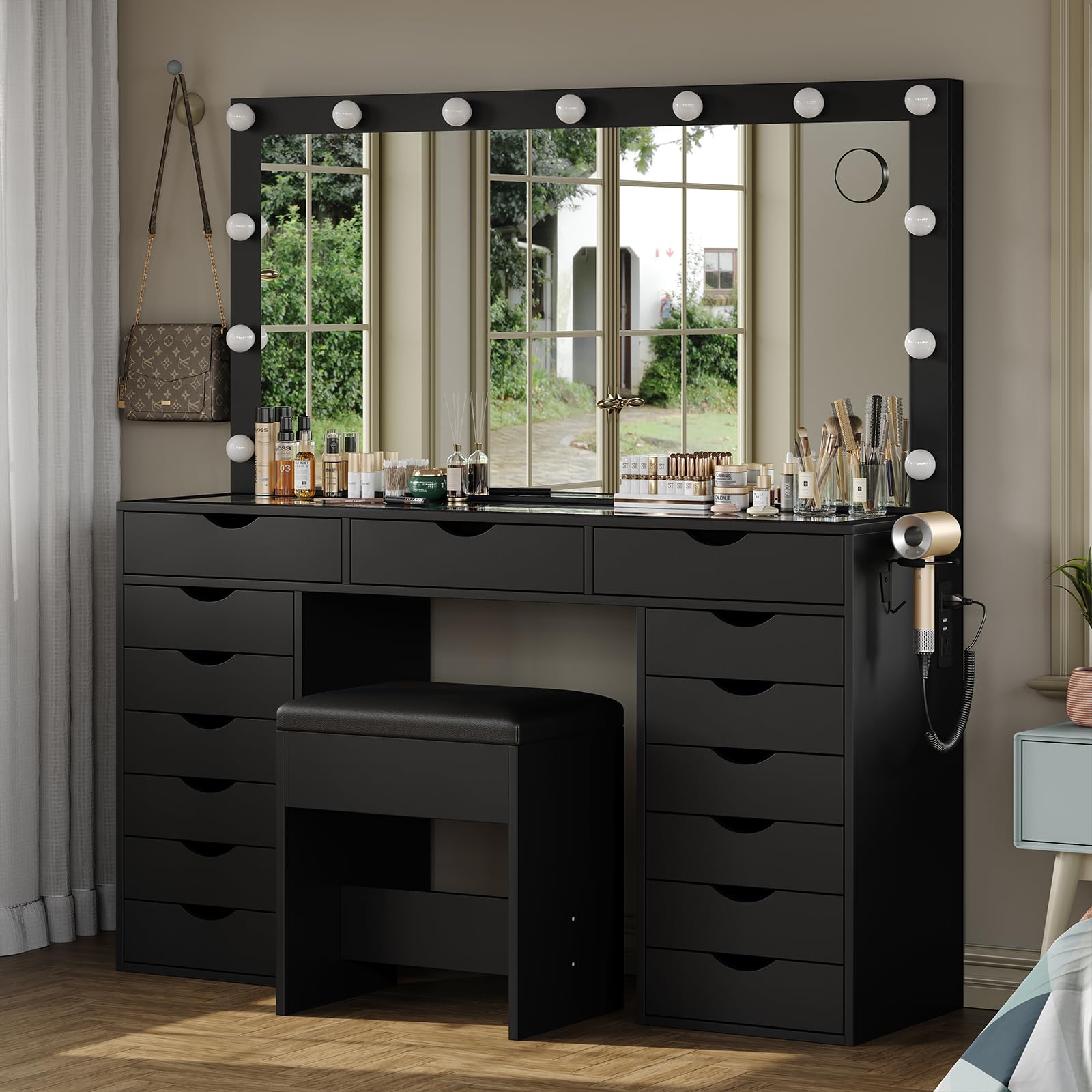 Yanosaku 15 Drawers Vanity Desk with Power Outlet, Makeup Table with Mirror and 13 LED Lights, 3 Color Lighting Modes, Brightness Adjustable, Glass Top Dressing Table, Vanity Set for Bedroom, Black