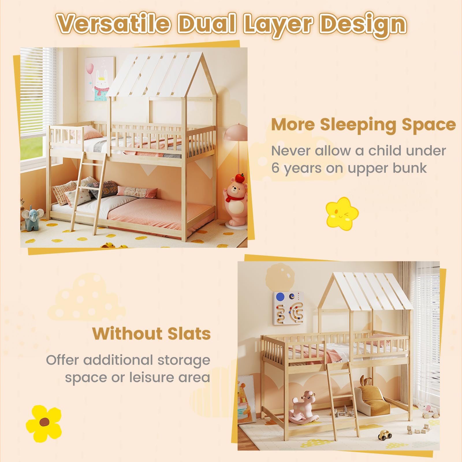 Twin Over Twin House Bunk Bed with Roof & Guardrails