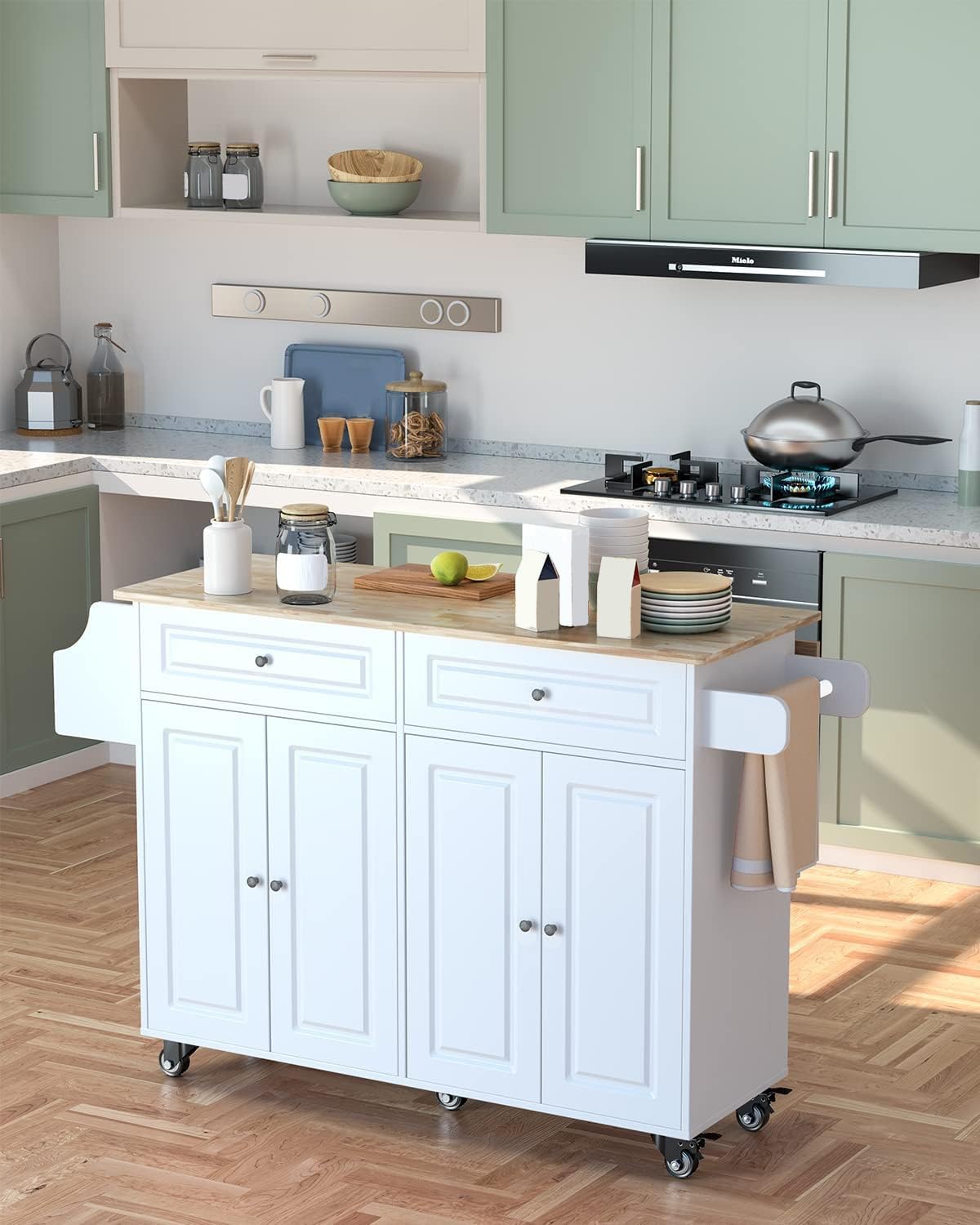 Kitchen Island Cart with Rubber Wood Top, Storage Cabinets & Drawers