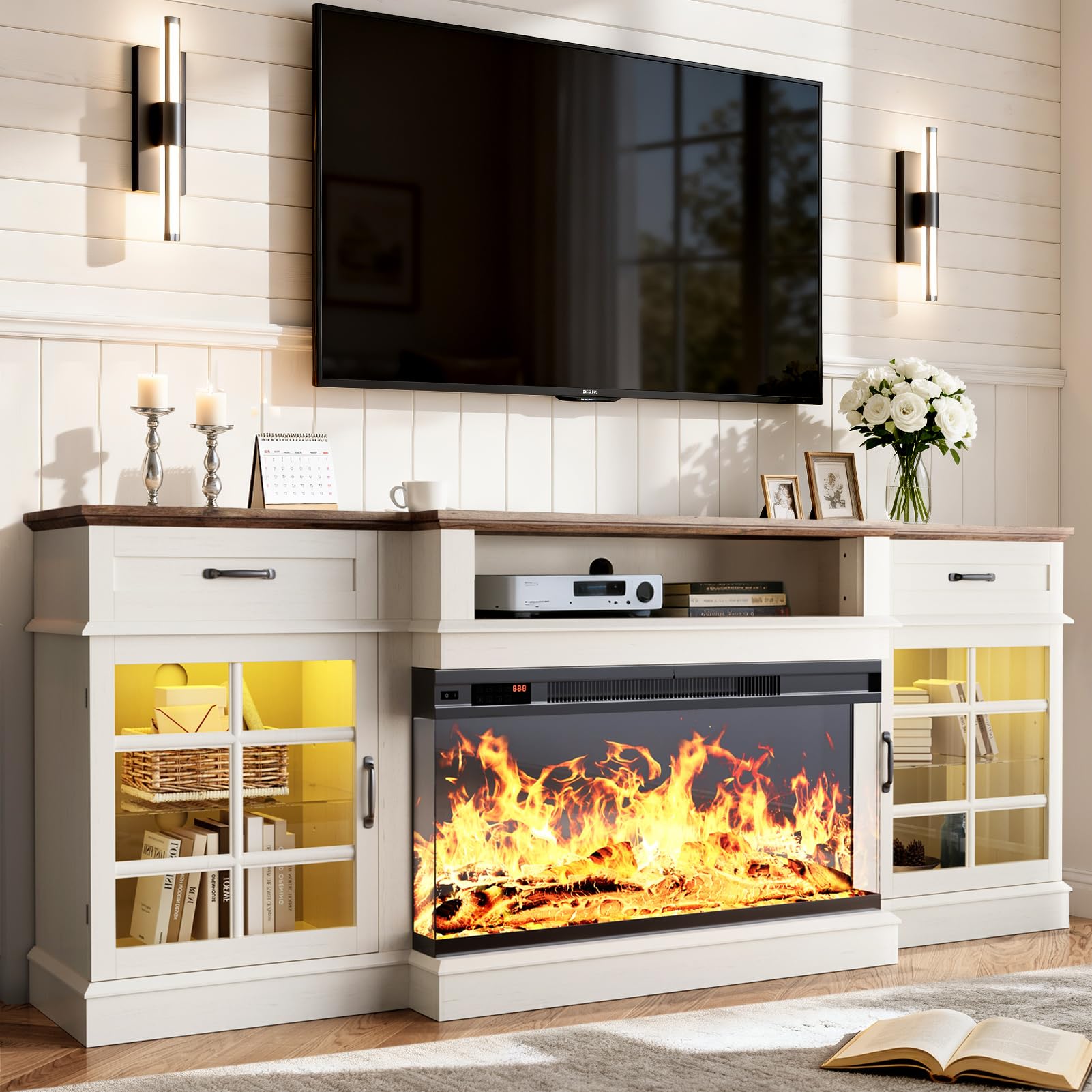 OneBlis 80" TV Stand with 36" Electric Fireplace, Entertainment Center Console Table for TV up to 90'', Fireplace TV Stand with Open Storage Shelves and Glass Door for Living Room, White