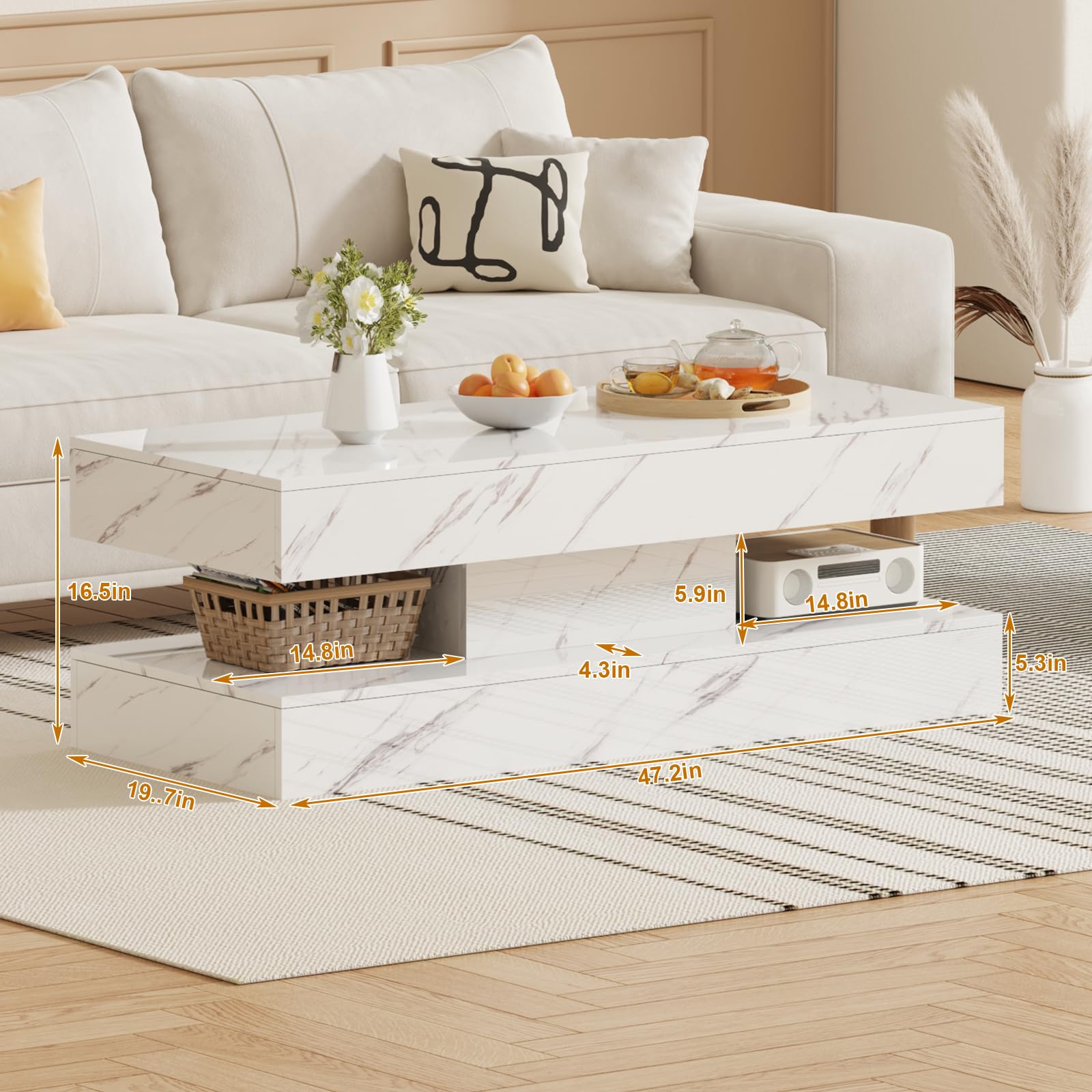 LSHUIZHU 47.2 Inch Coffee Table with LED Lights, Modern High-Gloss Open Shelf Design, 2-Tier Floating Center Table with Illumination, Large LED Coffee Table for Living Room(White)