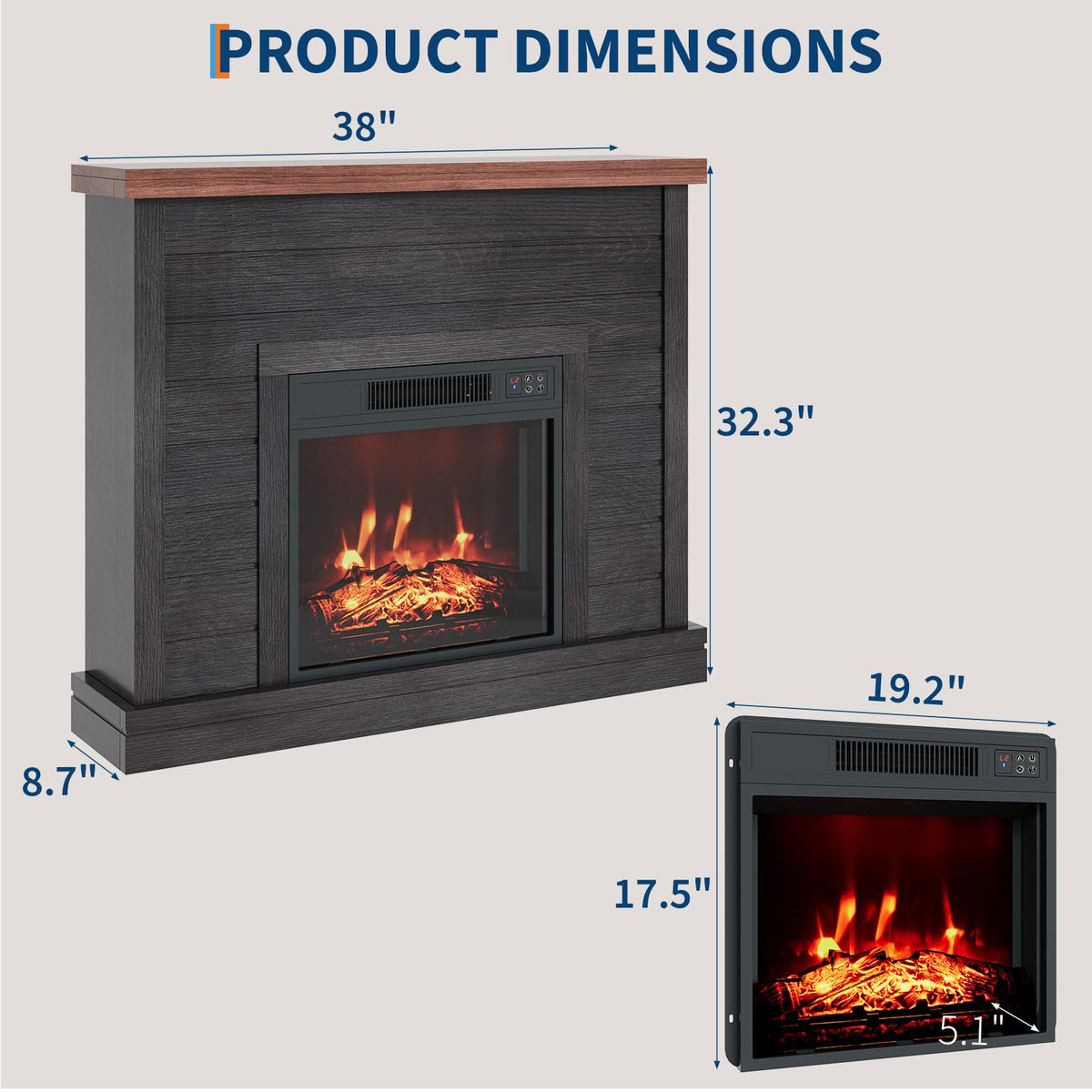 Garvee 38in Freestanding Electric Fireplace with Mantel, TV Stand Includes 18'' Electric Fireplace Insert with Adjustable Flame Temperature and Remote Control for Bedroom Living Room, Black
