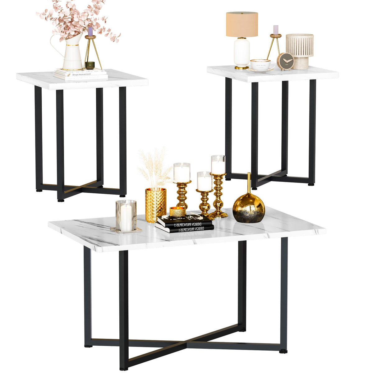 White Faux Marble Coffee Table Set