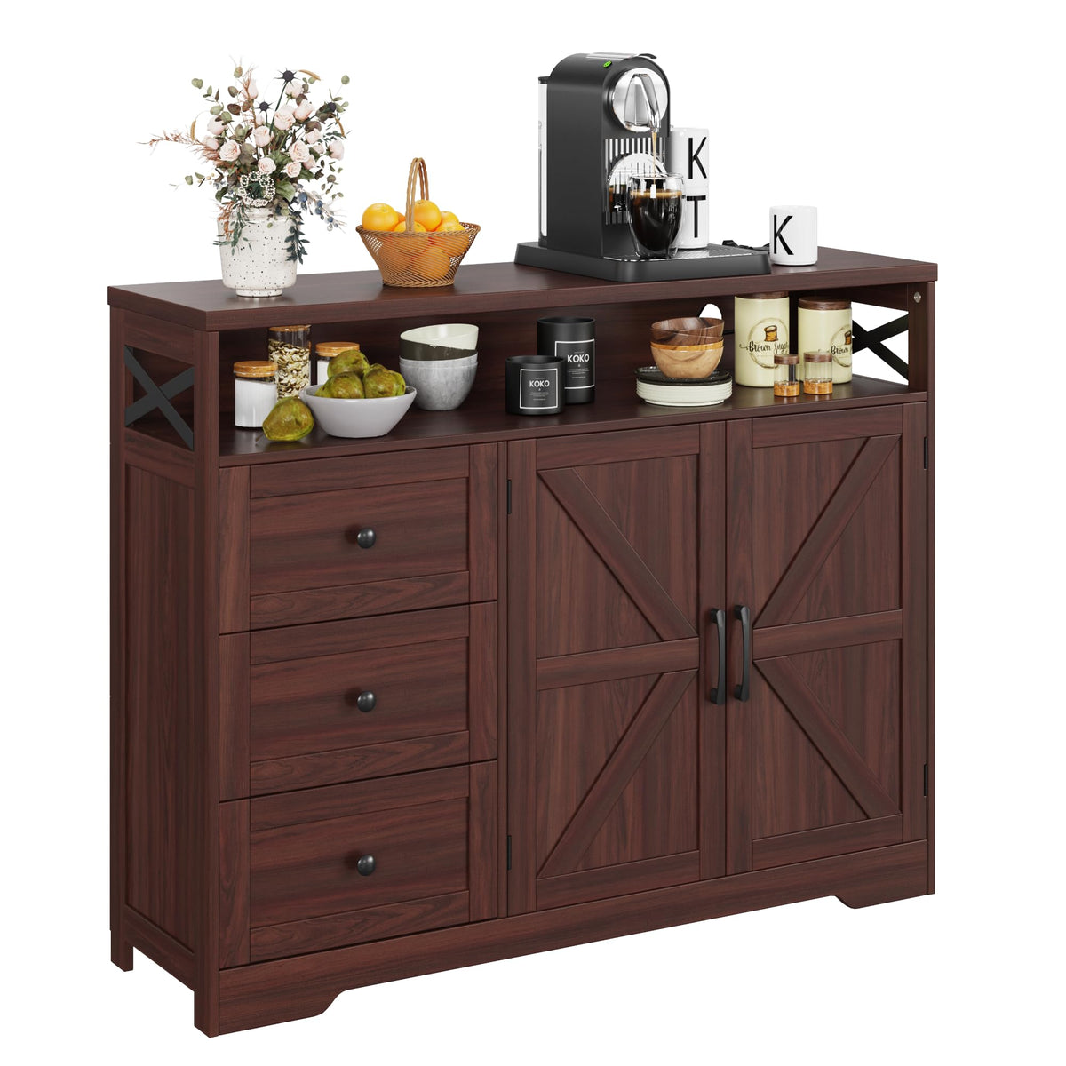 Dark Brown Farmhouse Storage Cabinet with Doors & Drawers