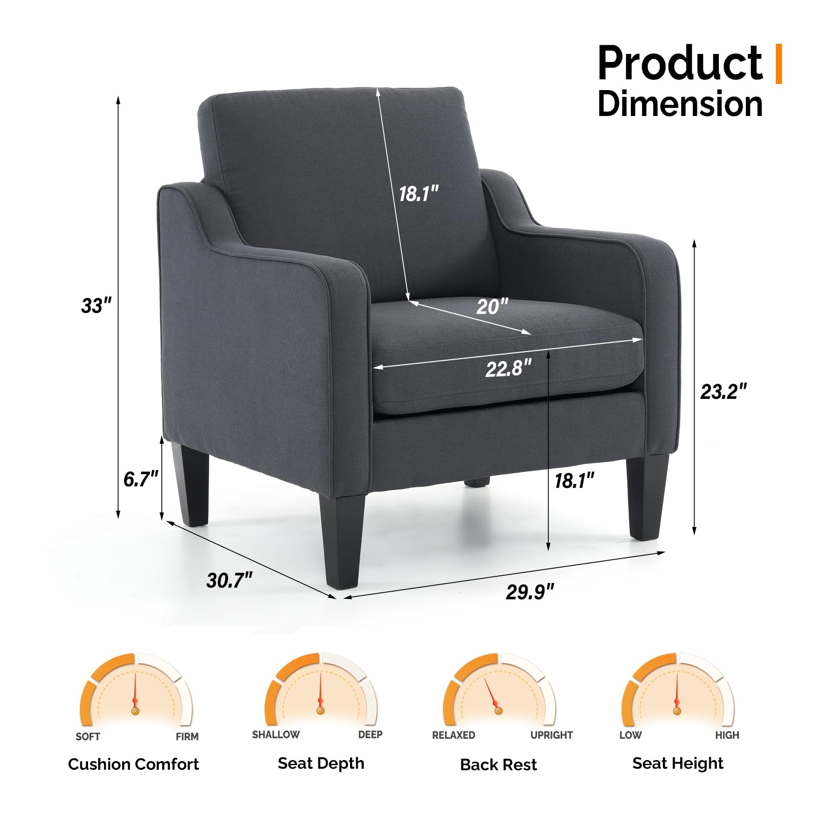 VINGLI Accent Chairs Set of 2 Living Room Chairs Dark Grey Reading Chair for Bedroom Scooped Arm Chair Mid Century Modern Linen Chairs Upholstered Comfy Chair for Apartment, Waiting Room