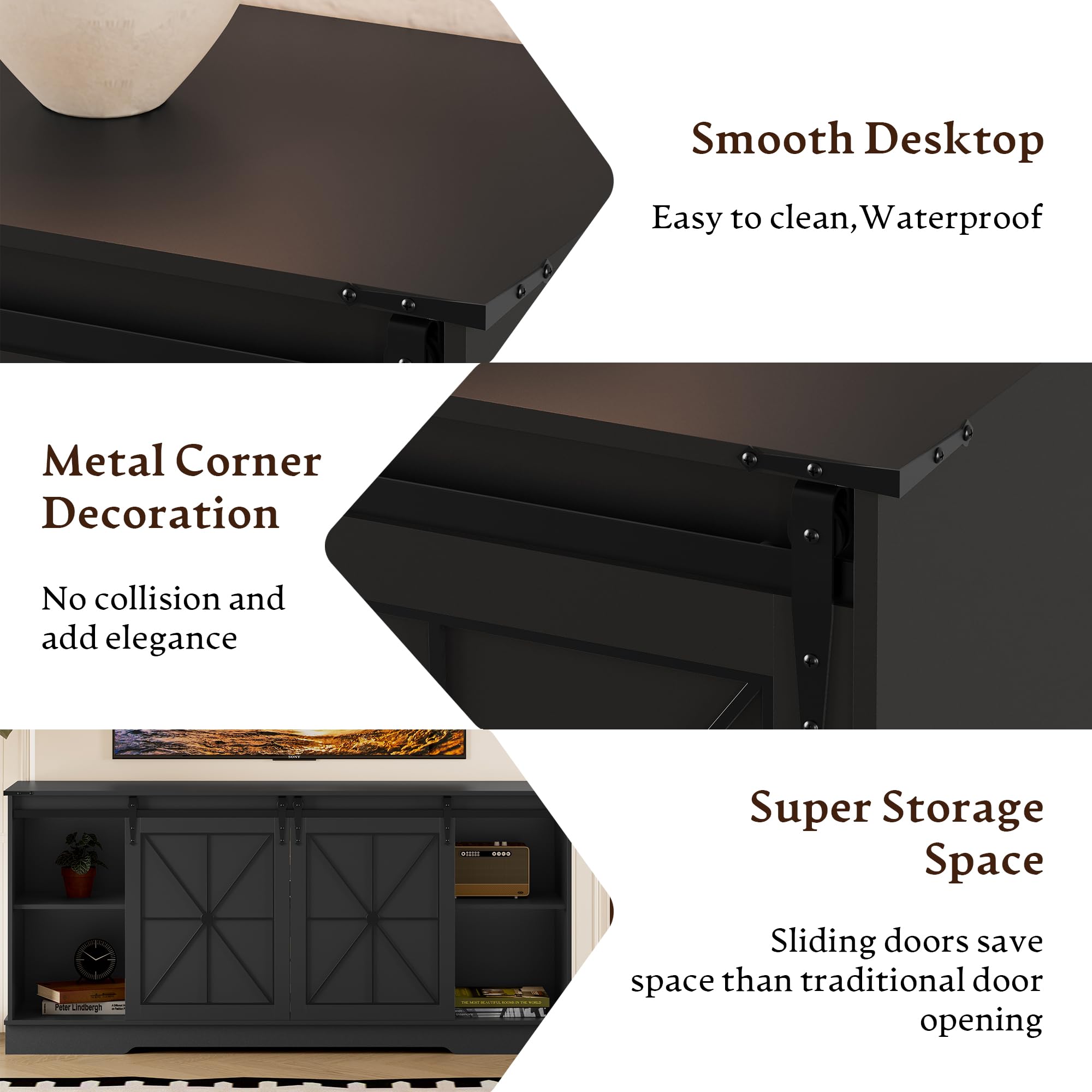yesasin Farmhouse TV Stand for 55 60 65 Inch TV, Entertainment Center with Storage & Sliding Barn Doors, Easy Assembly, Modern Mid Century Media TV Console Table for Living Room, Bedroom Black
