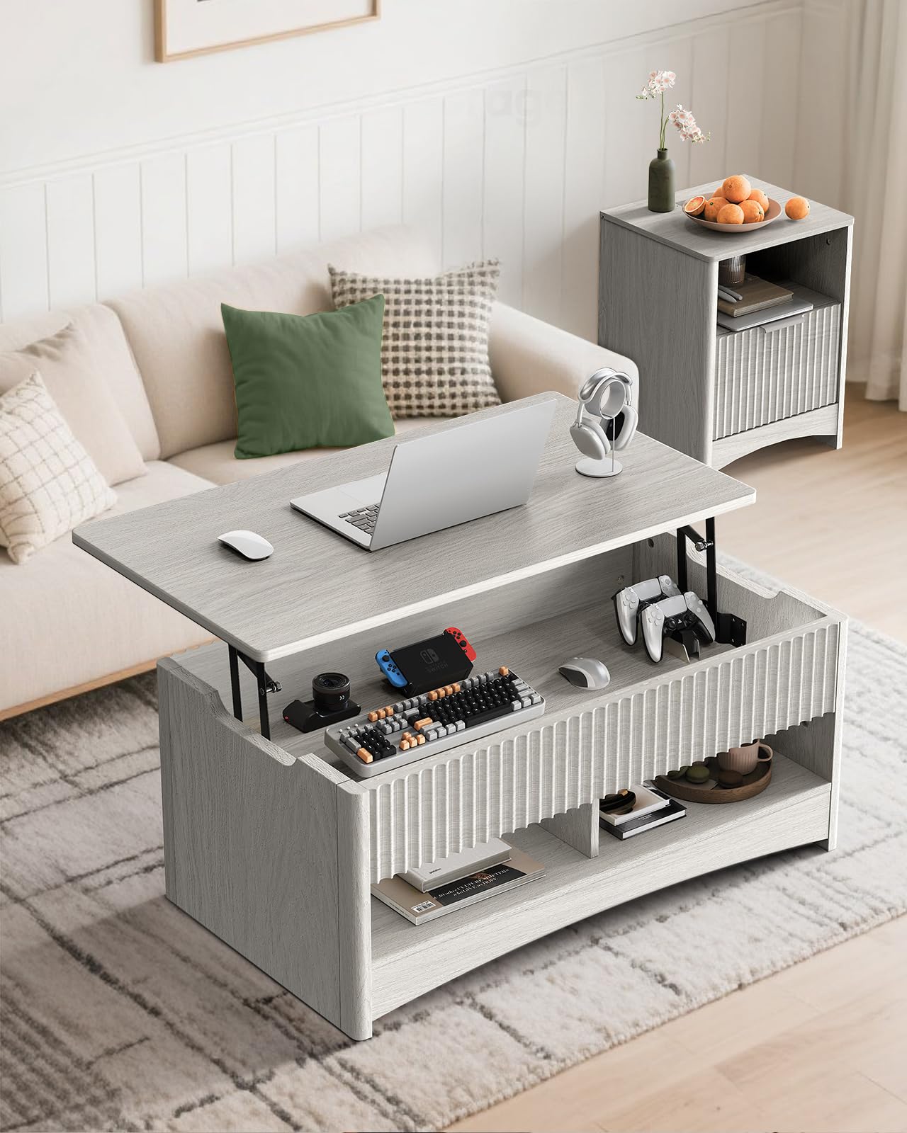 Marsail Lift-Top Coffee Table, Fluted Center Table with Hidden Compartments, Smooth Lifting & Space-Saving Design, Versatile Wood Coffee Table for Living Room and Office, Grey