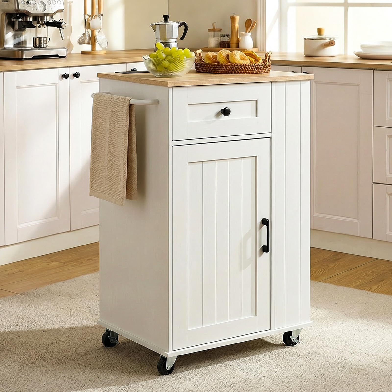HOOBRO Kitchen Island on Wheels, Kitchen Island Cart with Power Outlet, Kitchen Storage Island with Spice Rack and Drawer, Island Table for Kitchen & Dining Room, White and Natural WN36UZD01