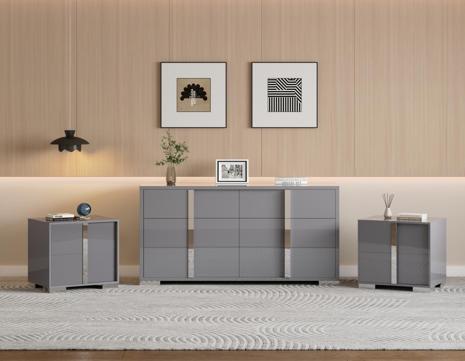 3-Piece Bedroom Dresser Set with Nightstands – Grey