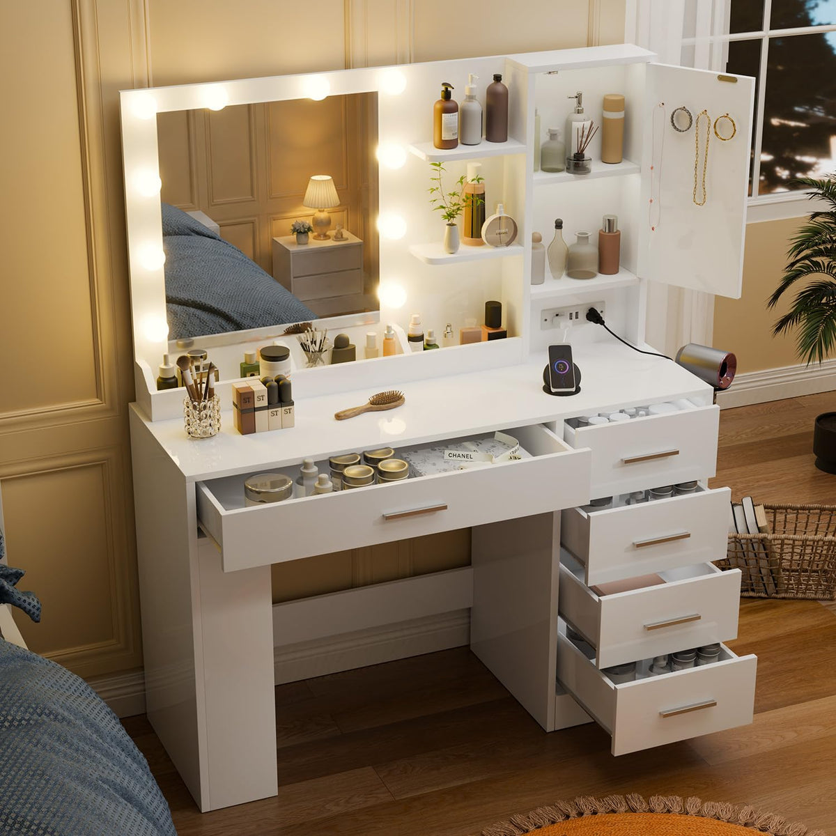 White Makeup Vanity with LED Mirror