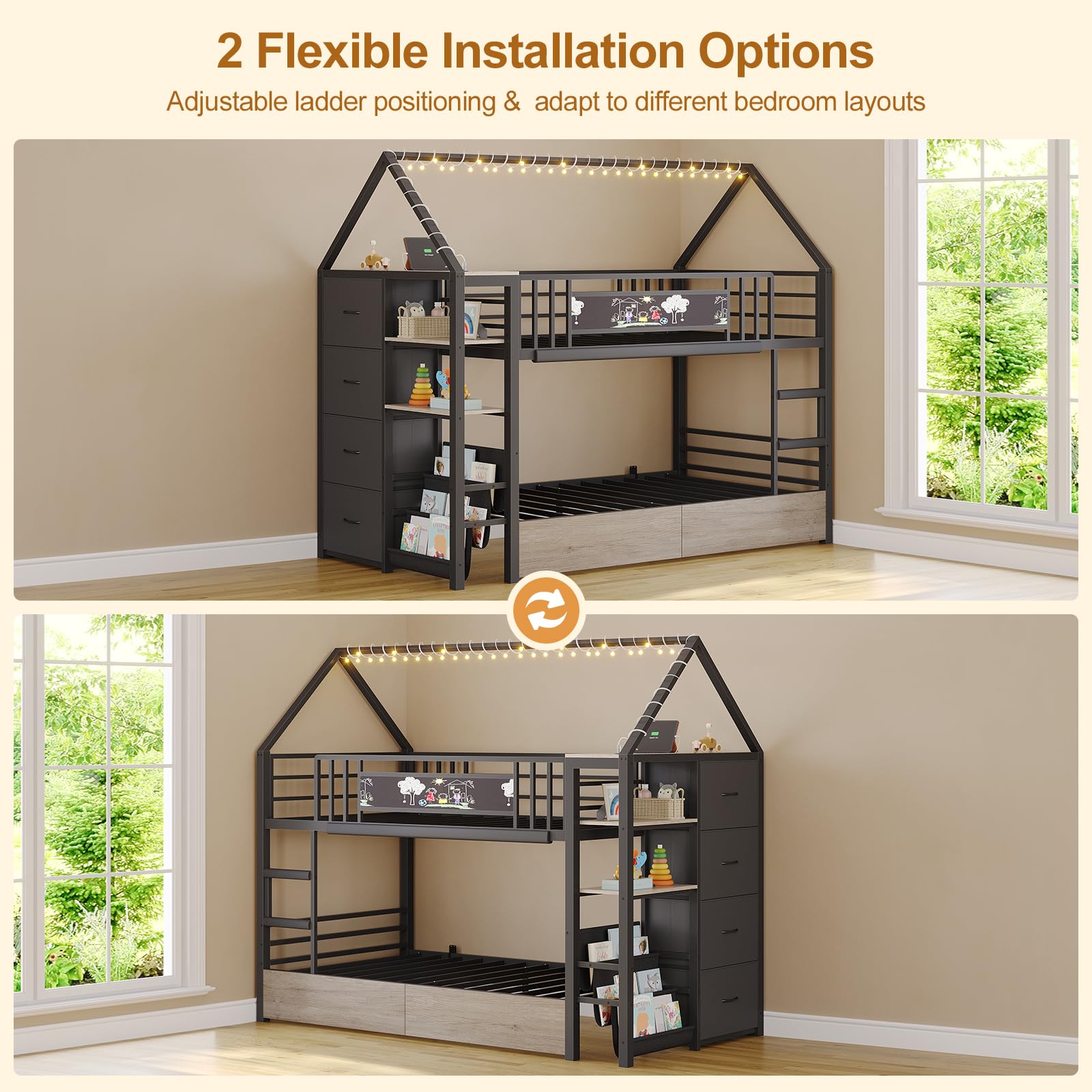 House Shaped Twin Over Twin Bunk Bed with Storage & Lights