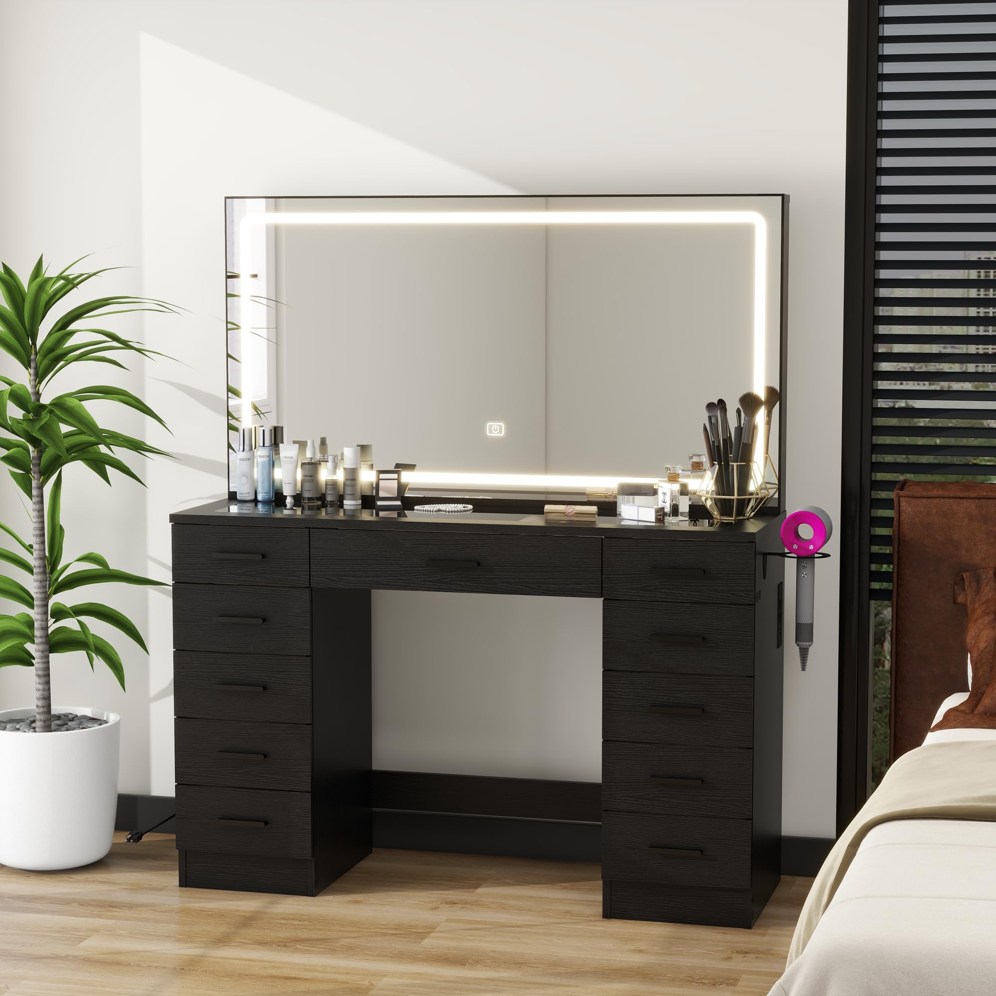Panana Vanity Desk with 11 Drawers, Glass Top Makeup Table with Mirror and LED Lights Vanity with Stool 3 Lighting Modes Brightness Adjustable Dressing Table with Power Outlet (Black)