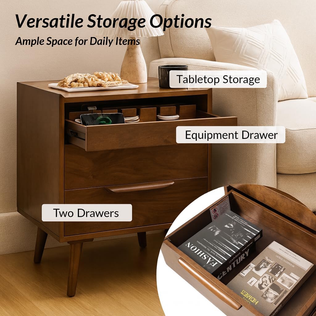 Mid-Century End Table with Charging Station & 3 Drawers