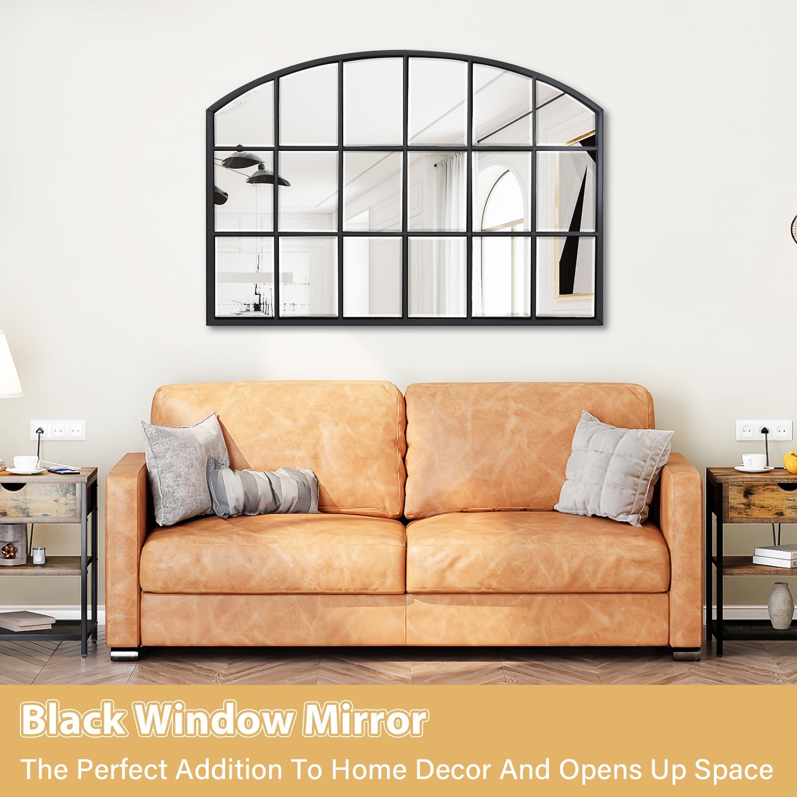 Arched Window Wall Mirror – Black Wood Frame, 44"x28"