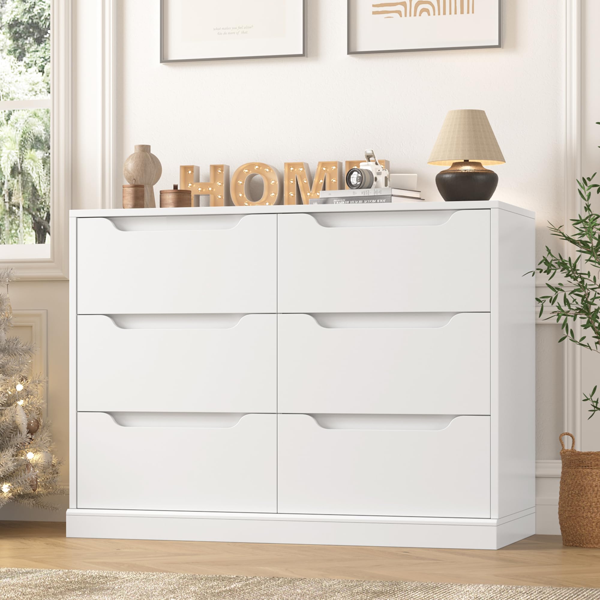 HOSTACK Modern 6 Drawer Dresser, Double Chest of Drawers with Storage, Large Wooden Storage Dresser Organizer with Cut-Out Handles, Accent Storage Cabinet for Living Room, Entryway, White