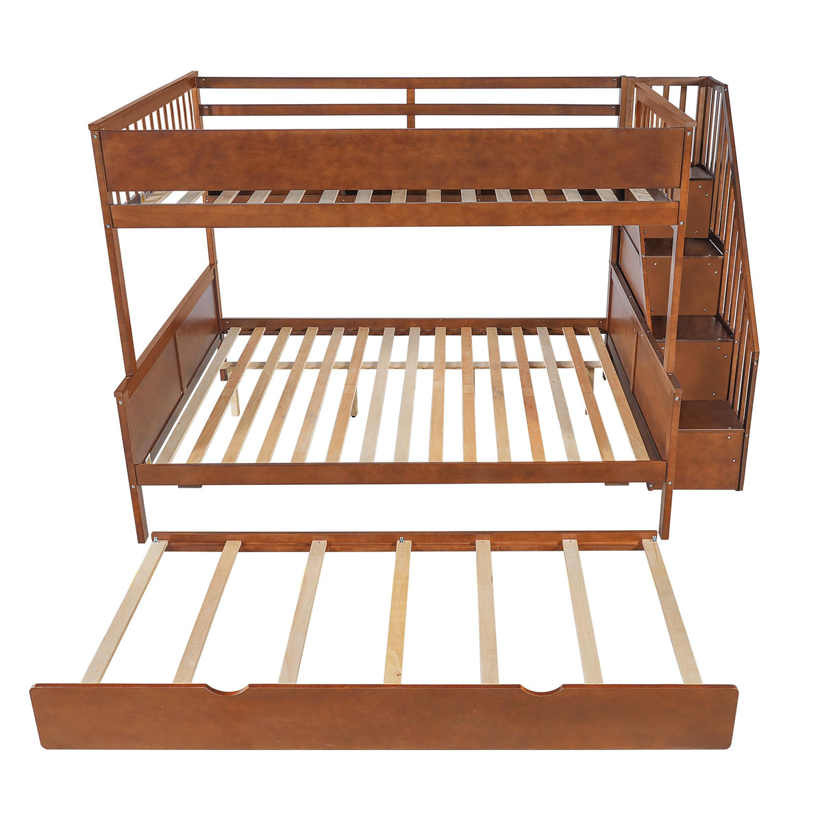 SOFTSEA Full XL Over Queen Bunk Bed with Trundle & Stairs, Solid Wood Bunk Bed Frame with Storage Shelves & LED Lights, Space Saving Bunk Beds with Storage Stairs for Kids Teens Adults, Walnut