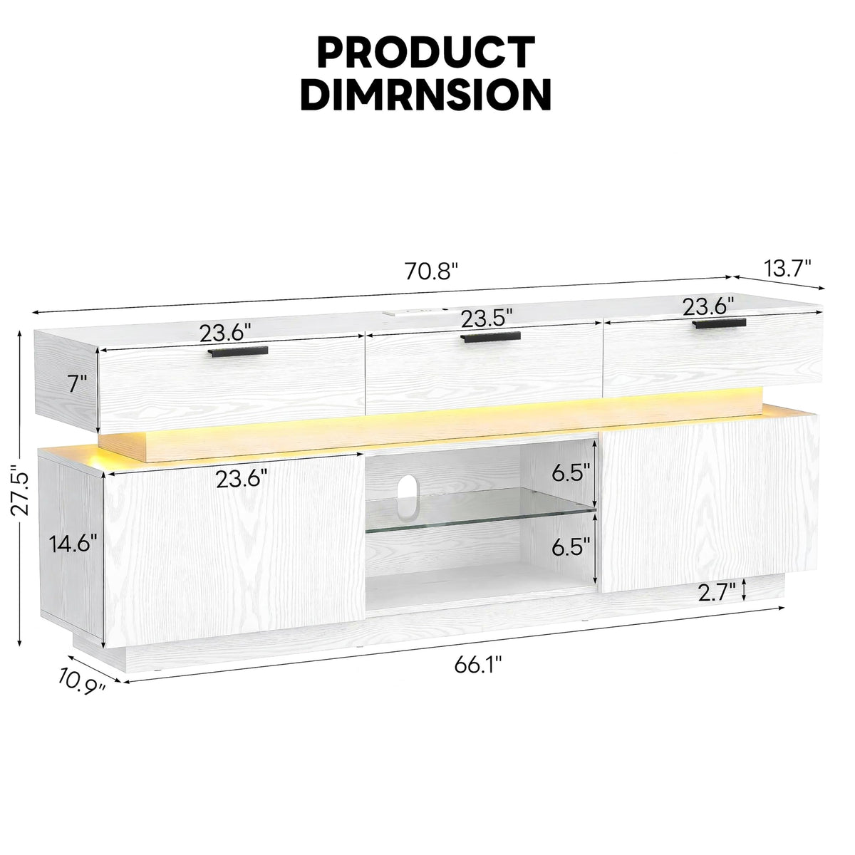 LIKIMIO TV Stand for TVs up to 85", LED Lights and Power Outlets, White
