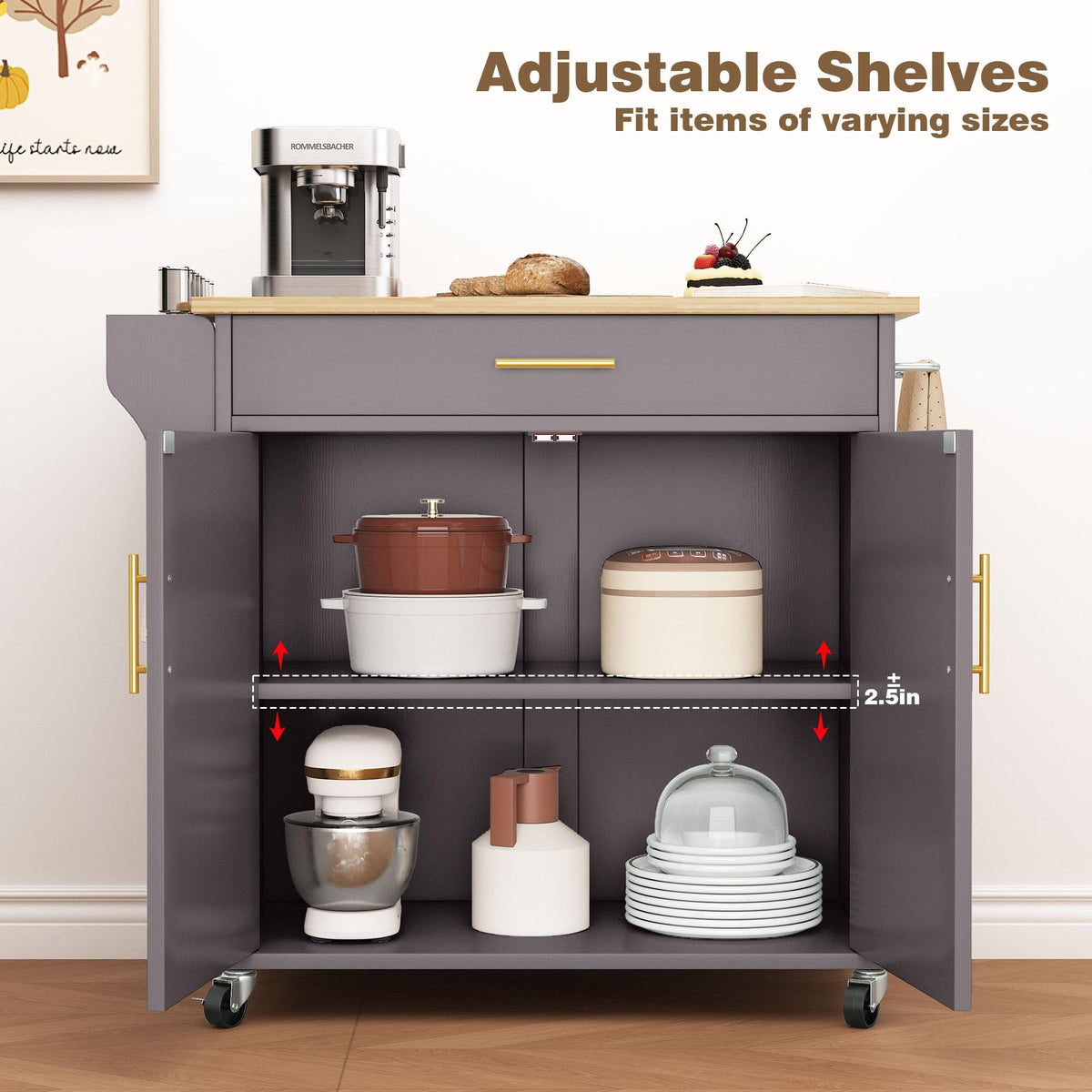 Pingliang Rolling Kitchen Island with Storage, 34.7'' Solid Wood Top, Grey