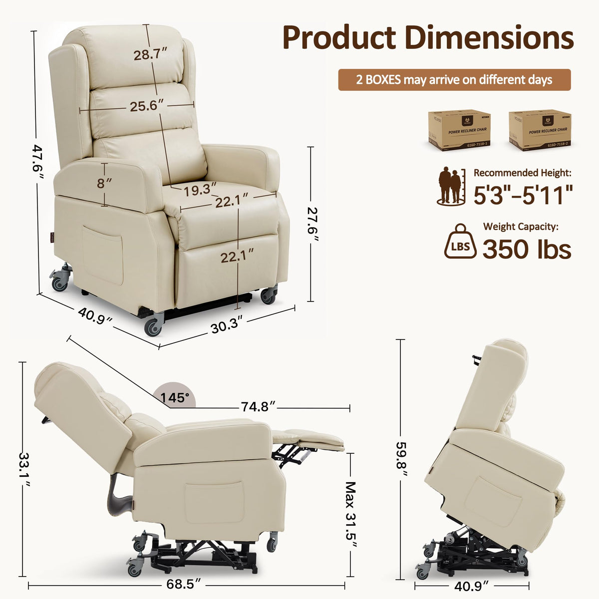 MCombo Power Lift Recliner Chair with Wheels for Elderly 7118 (Cream White)