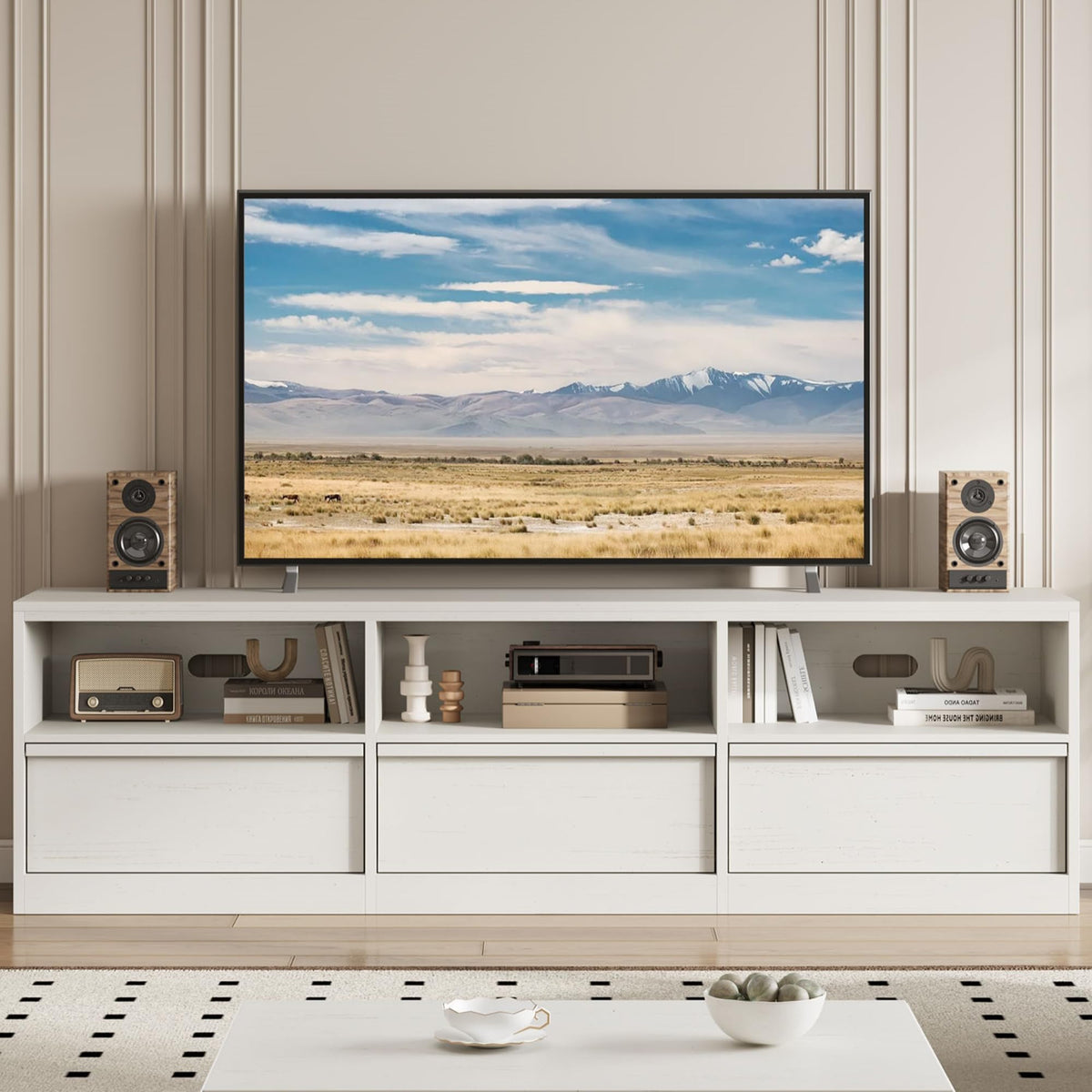 70 Inch TV Stand, Mid-Century Modern Entertainment Center with 3 Drawers & Open Shelves - Heavy Duty Media Console for 65/75 Inch TVs, Gray Living Room TV Cabinet, White