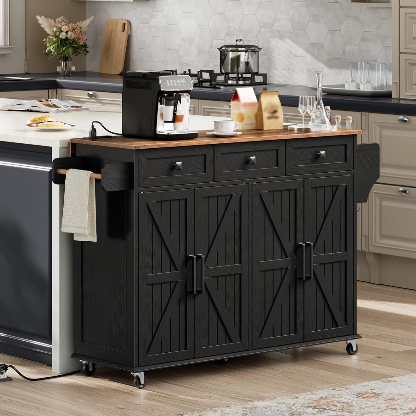 Kitchen Island Cart with Drop Leaf & Power Outlet