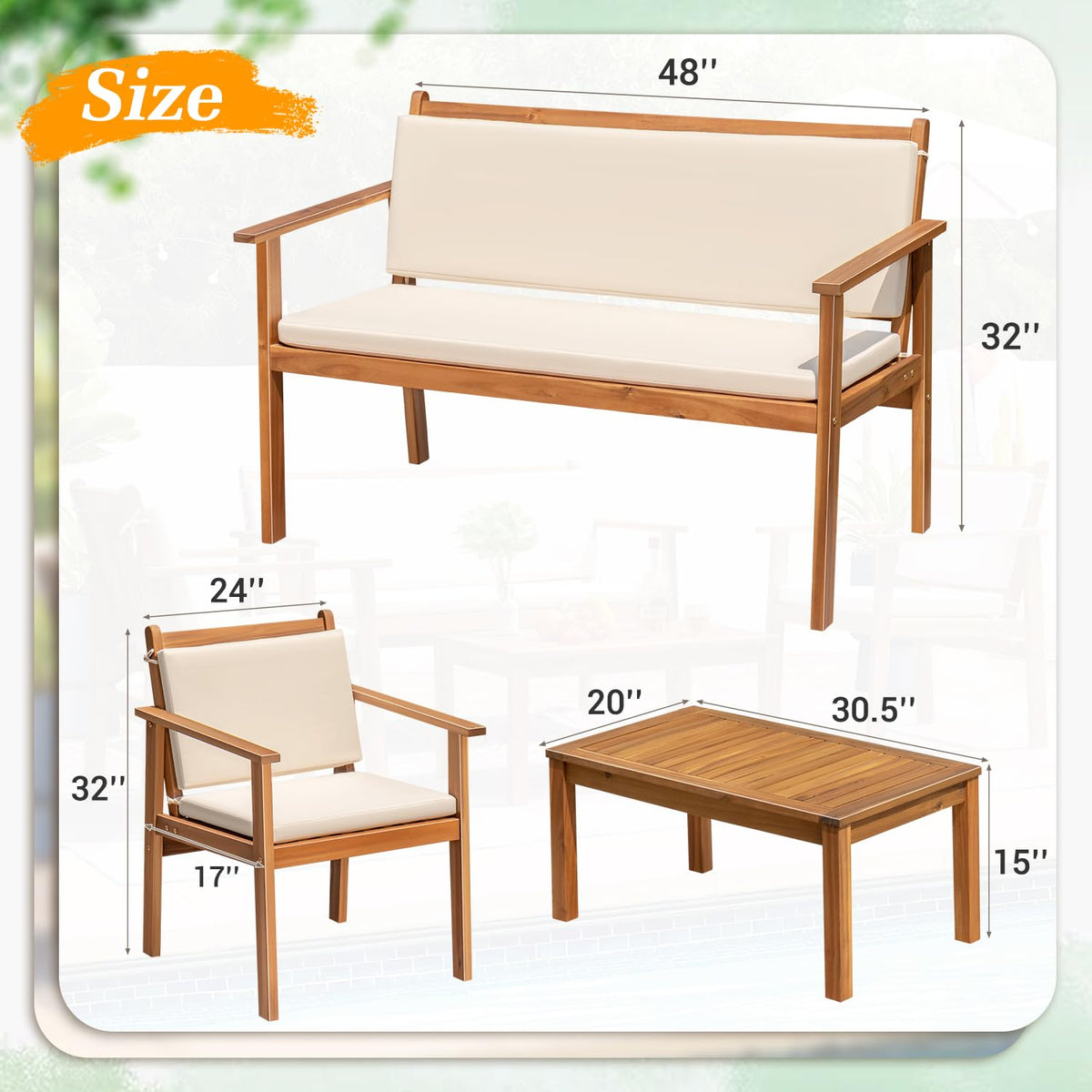 Greesum 4 Piece Patio Bistro Set Patio Furniture Outdoor Chat Table Chair Set with Water Resistant Cushions and Coffee Table for Beach Backyard Garden,Acacia Wood
