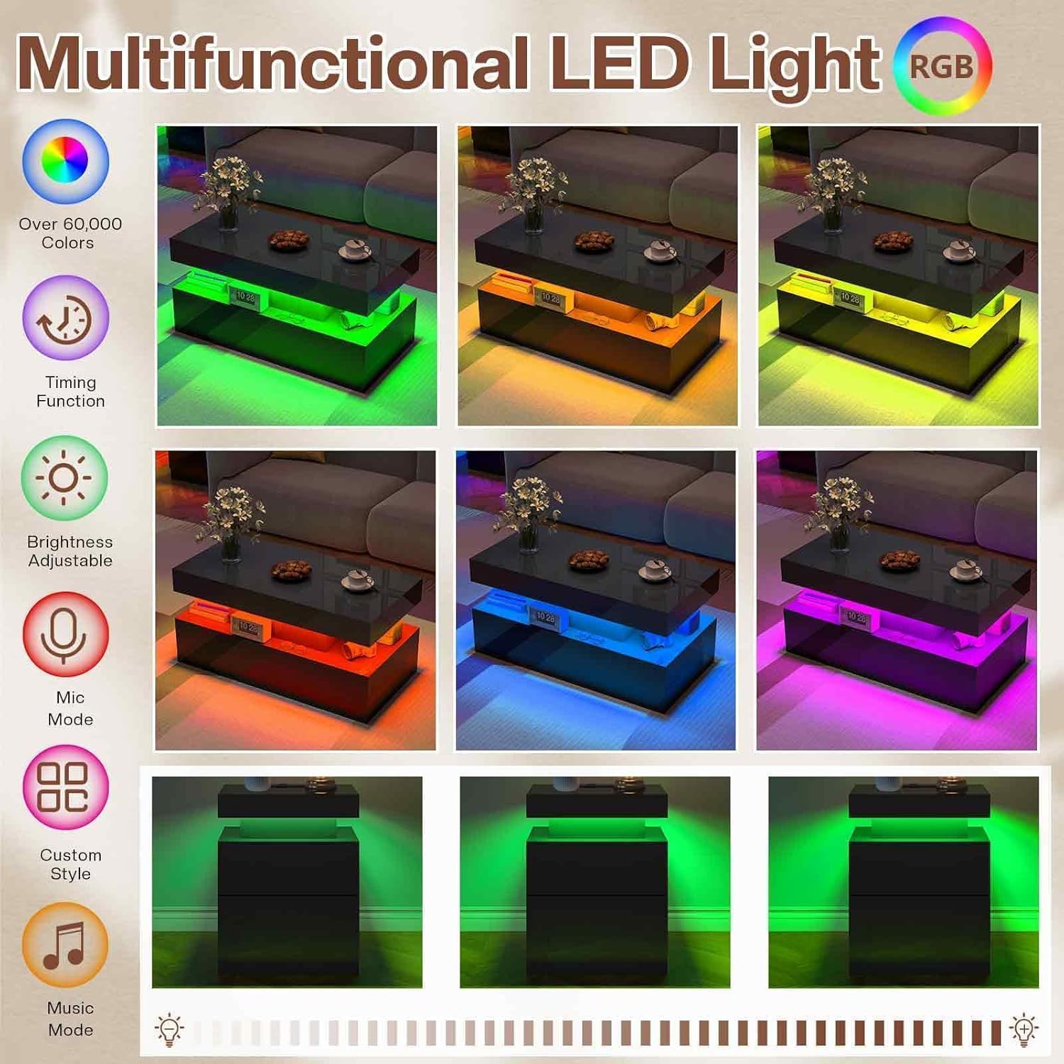 LUXOAK 3 Pieces Living Room Table Set, Modern High Gloss Coffee Table Set with LED Light and Storage Space, 2 End Side Tables with Charging Station for Living Room, Office, Black
