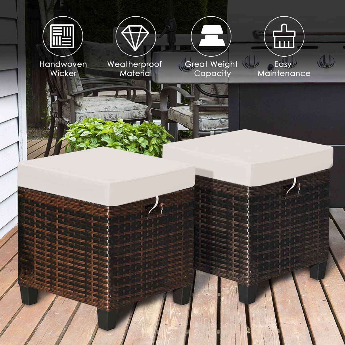 2-Piece Wicker Patio Ottoman Set