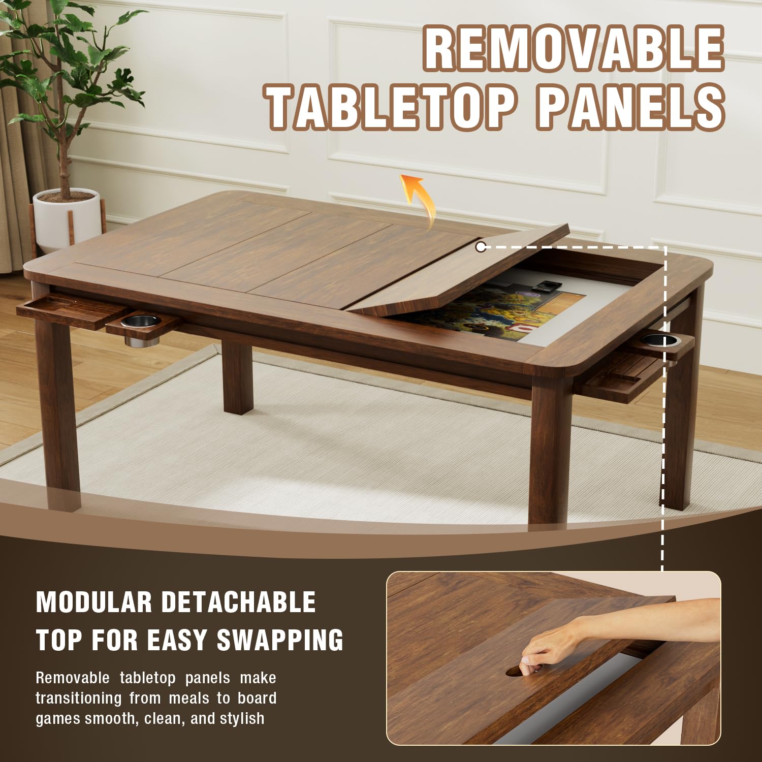 Solid Wood Dining & Gaming Table with Removable Top