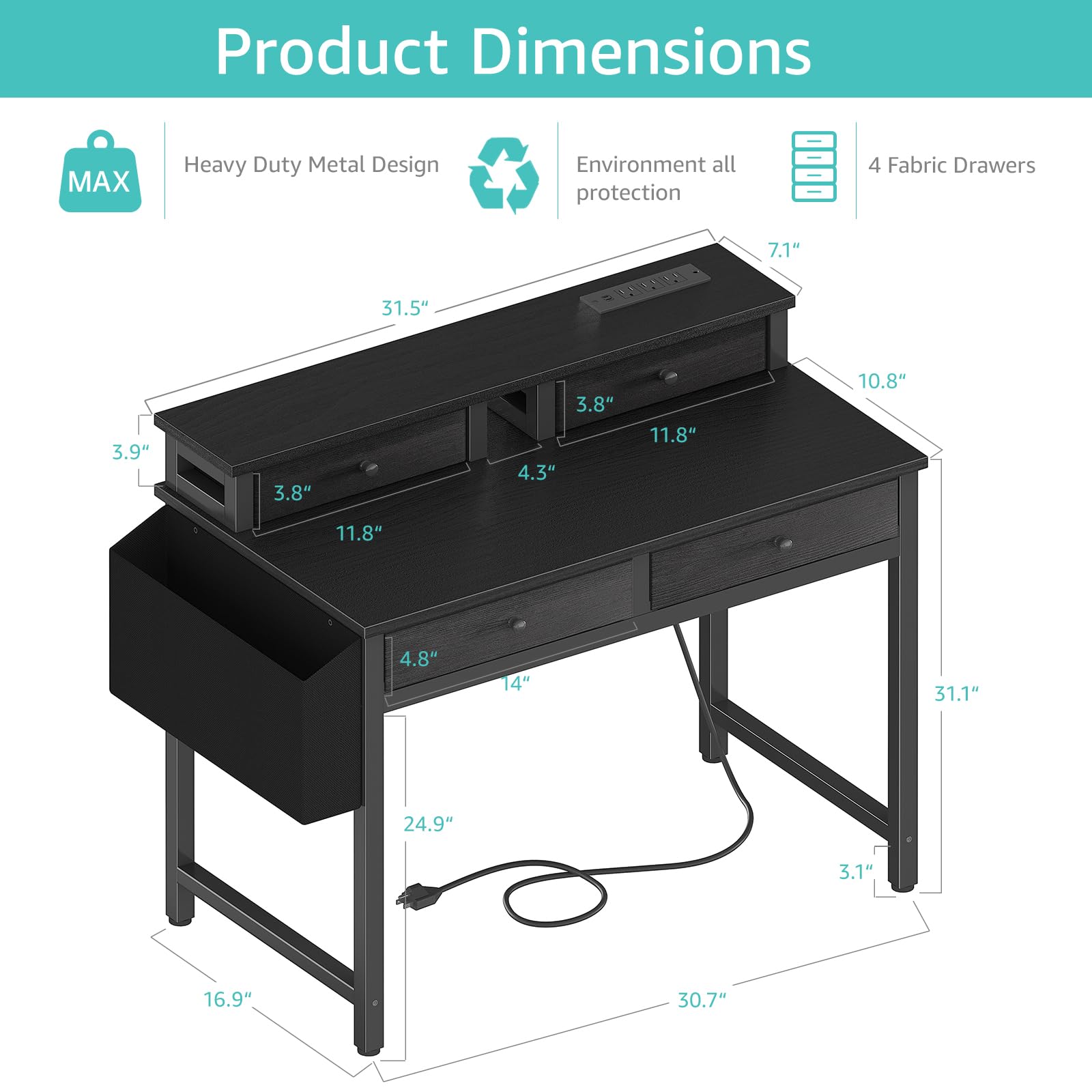 Small Desk with Drawers, Power Outlet & Monitor Stand, 31 Inch