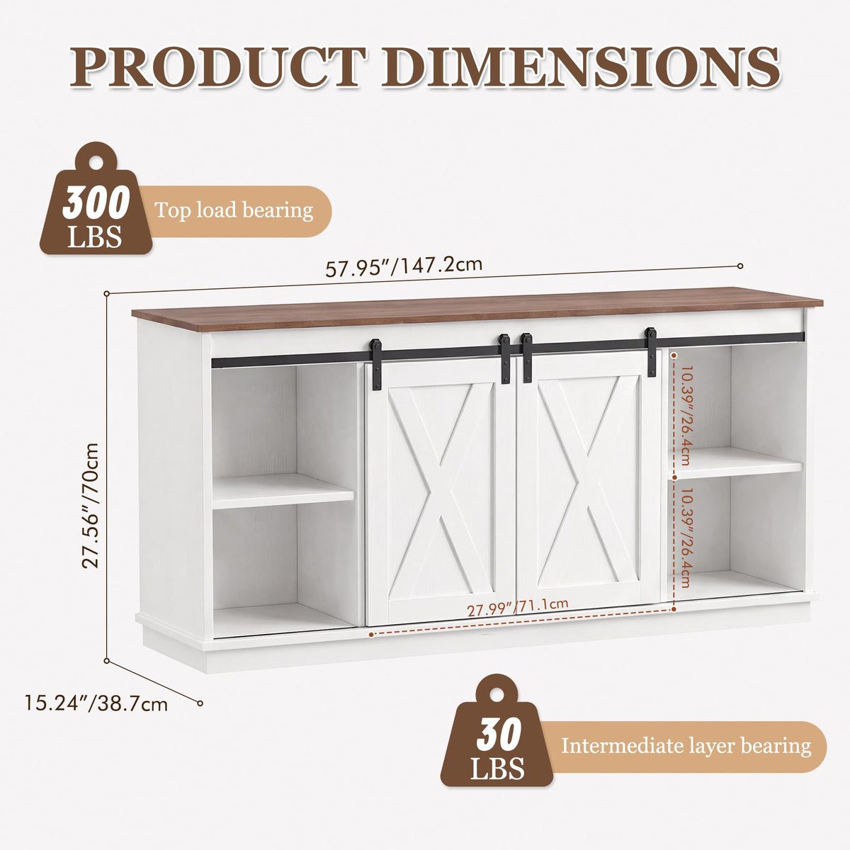 Farmhouse TV Stand for 65 Inch TV, Entertainment Center with Storage, White