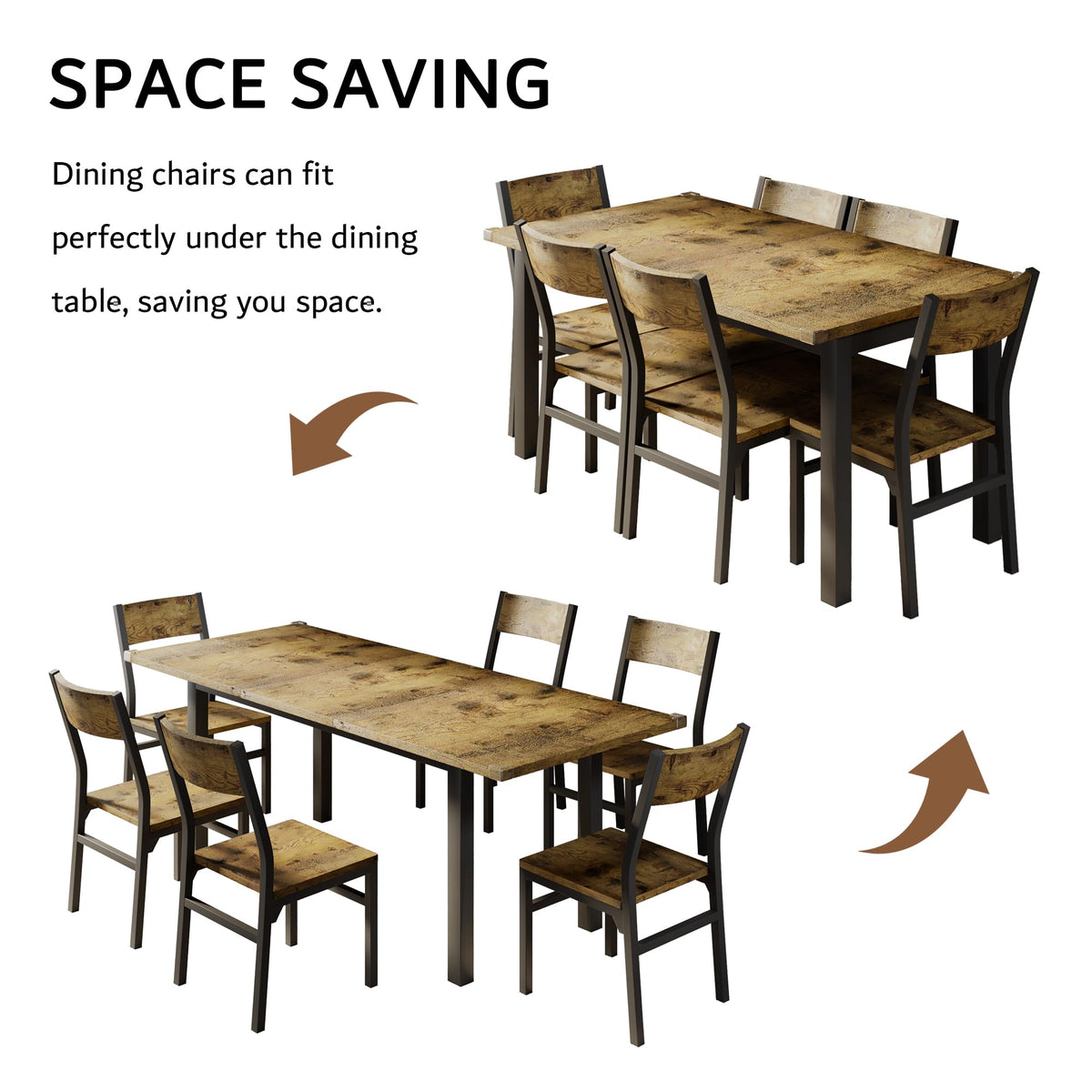 iPormis 7-Piece Dining Table & Chairs Set for 4-6, 63" Extendable Kitchen Table with 6 Chairs, Dining Room Table with MDF Board & Metal Frame, Perfect for Small Space,Easy Assembly, Rustic Brown