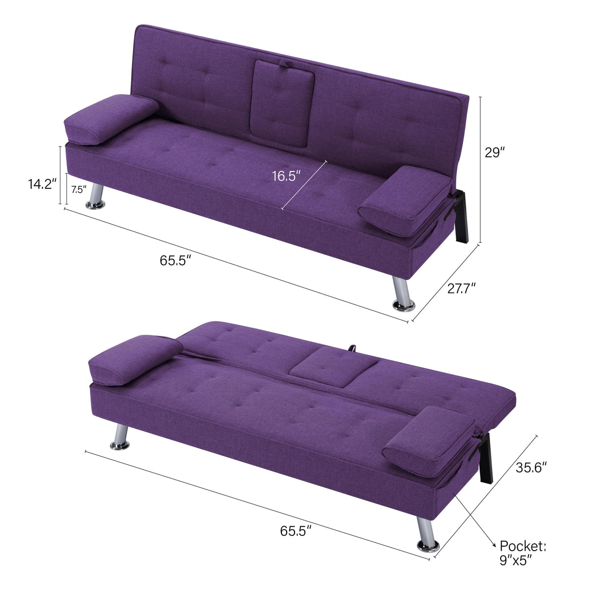 Purple Futon Sofa Bed with Cup Holders