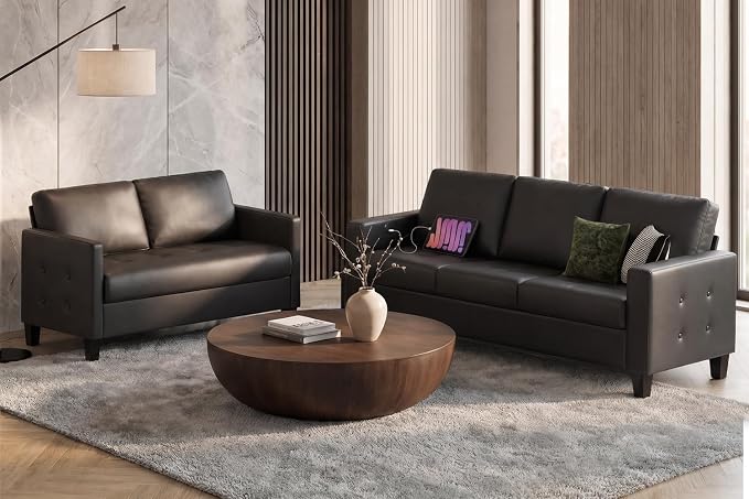 Black Faux Leather Sofa and Chair Set
