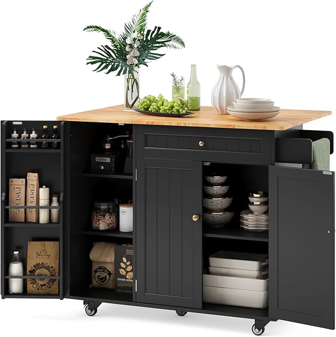 Kitchen Island with Drop Leaf, Storage Cabinet & Drawer