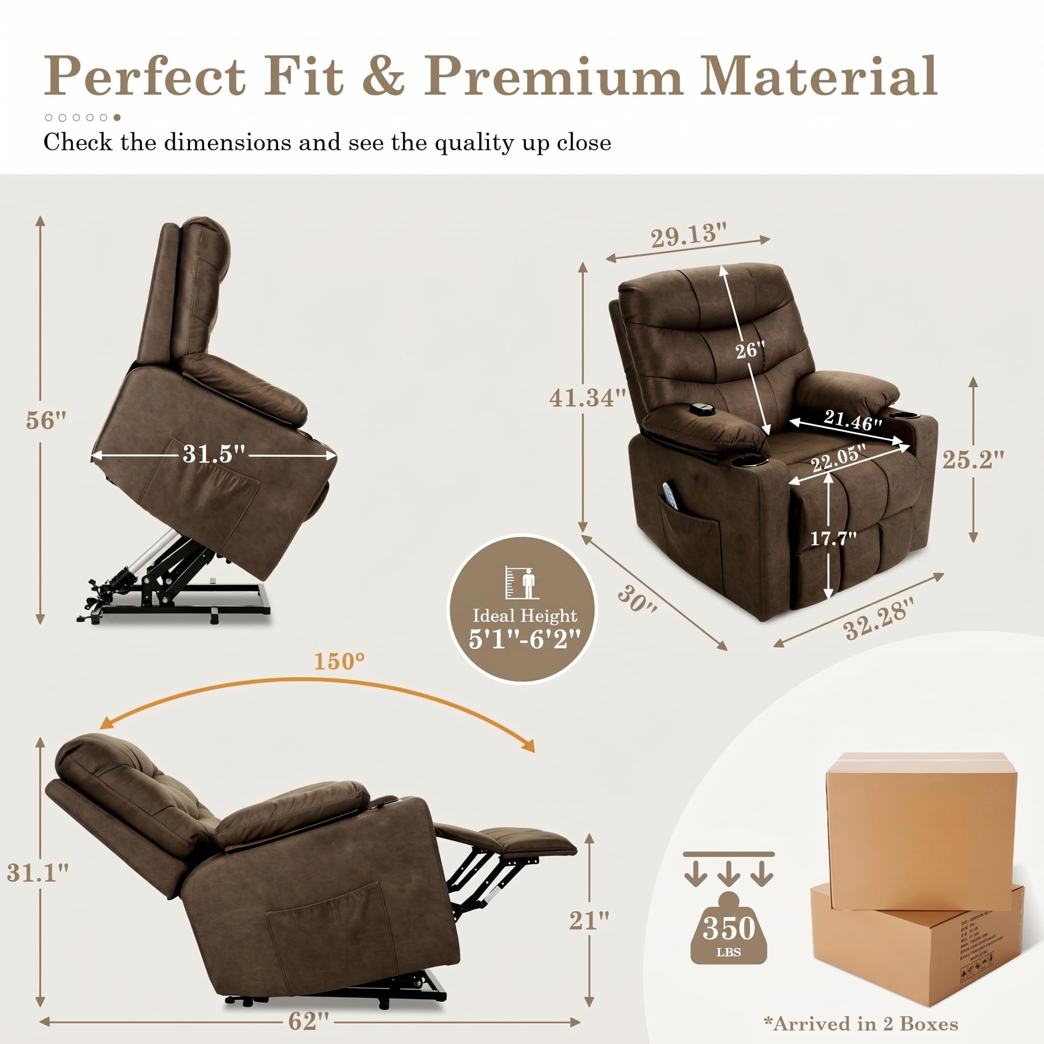 Electric Power Lift Recliner Chair for Elderly, Lift Recliner Chair with Massage and Lumbar Heat, 150° Reclining Chair with Cup Holders, Side Pockets and Remote Control, Ideal for Living Room (Brown)