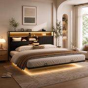 VINGLI King Size Floating Bed Frame with LED Lights and Charging Station, Cozy Hidden Storage Velvet Upholstered Headboard,No Box Spring Needed,Easy Assembly,Black