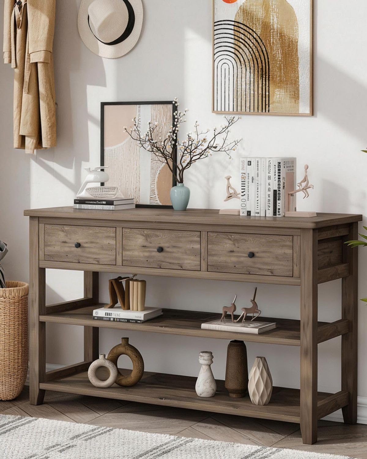 Console Table with 3 Drawers & 2-Tier Shelves