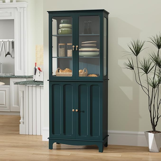 Glass Door Kitchen Pantry Cabinet with Adjustable Shelves