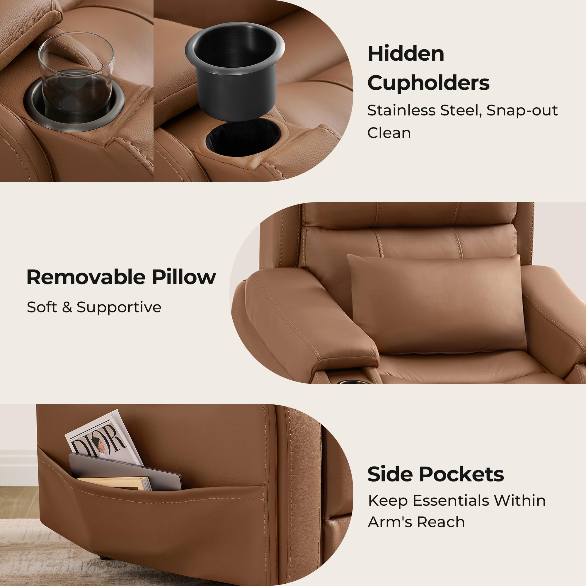 CHITA Power Lift Recliner Chair for Elderly with Heat and Massage, Genuine Leather Electric Lift Chairs with Cup Holder, Removable Lumbar Pillow, 2 Side Pockets, Leather in Saddle