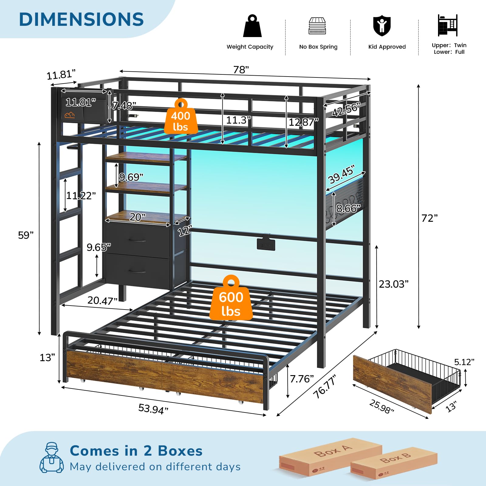 Twin Over Full Bunk Bed with Storage & LED Lights