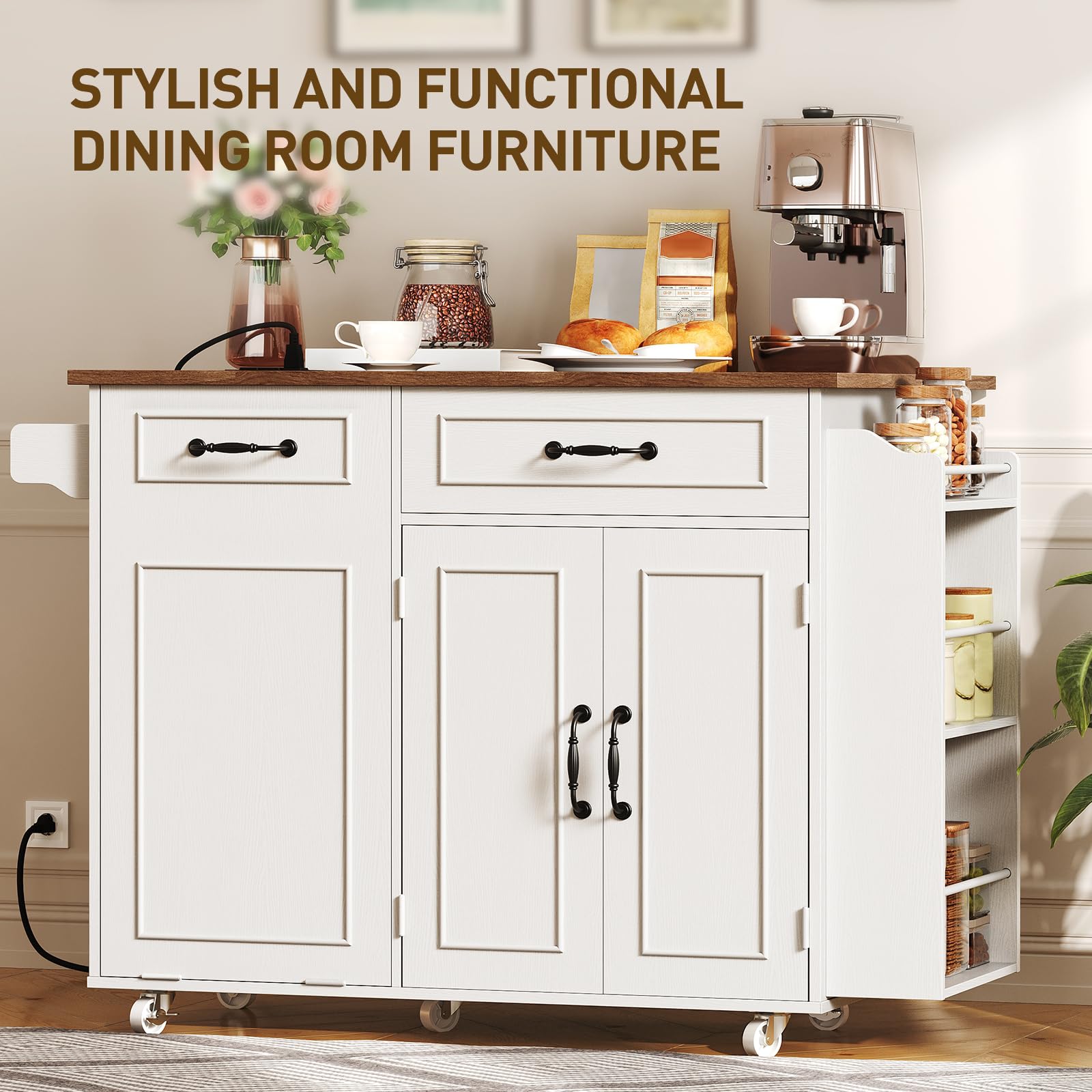 Kitchen Island with Power Outlet & Drop Leaf