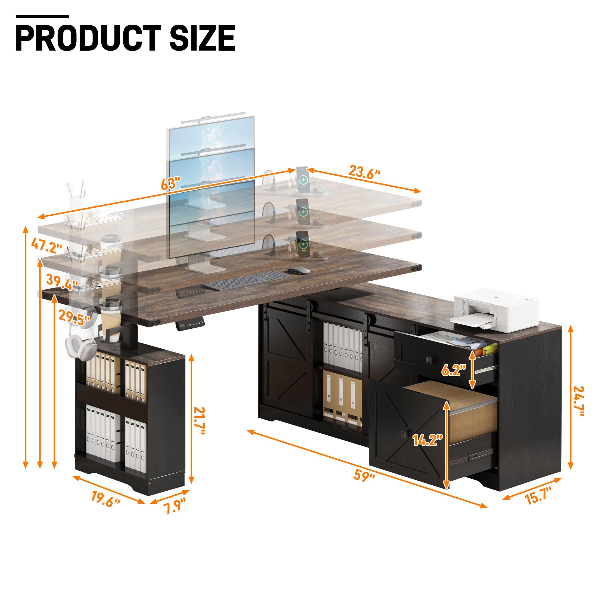 St.Mandyu 63" Farmhouse L Shaped Electric Standing Desk with Sliding Door Storage, Height Adjustable Sit Stand Corner Computer Desk with Power Outlets, Drawers & Cup Holder for Home Office, Black