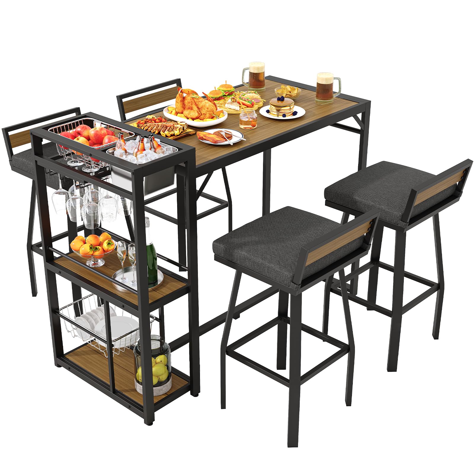 5-Piece Outdoor Patio Bar Set with Storage Shelves & Swivel Stools
