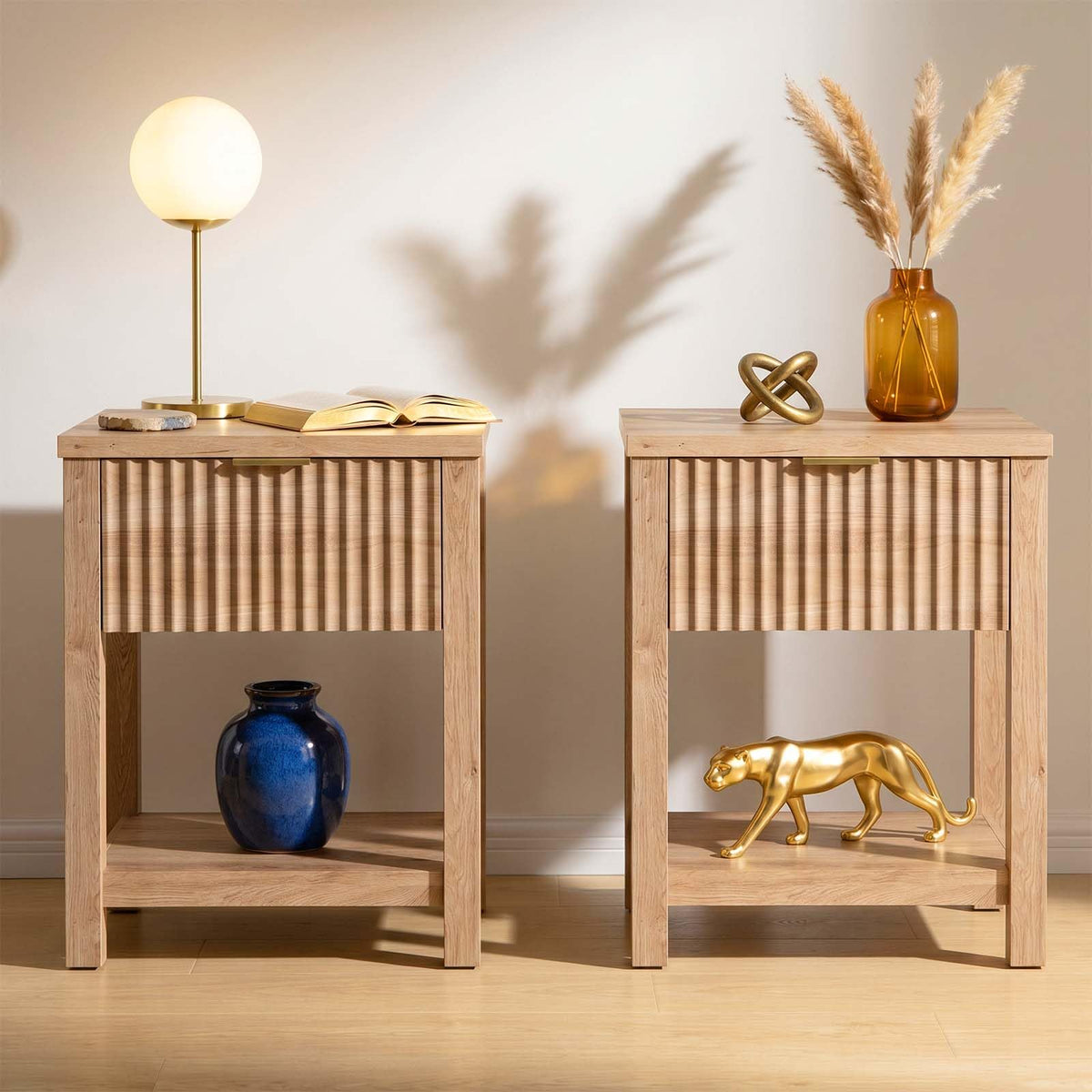 TROJM Fluted Nightstand Set of 2 with Drawer and Open Shelf,Oak