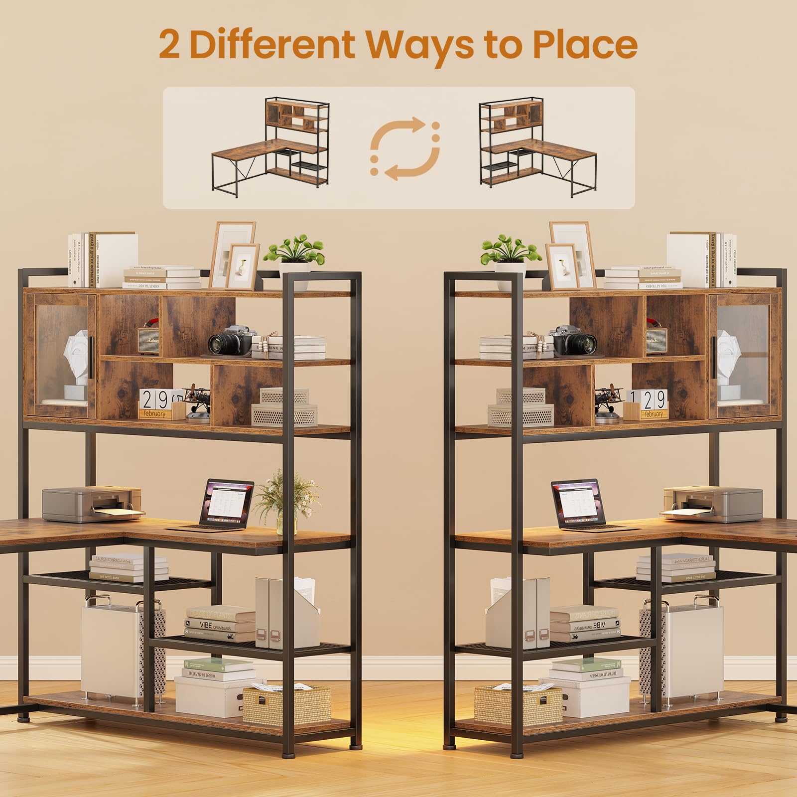 L-Shaped Desk with LED Light & Bookshelf
